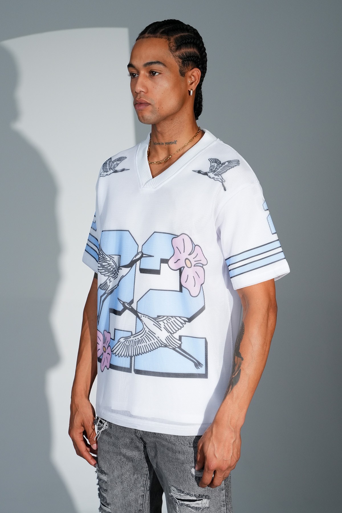Printed V Neck Oversize T-Shirt - White