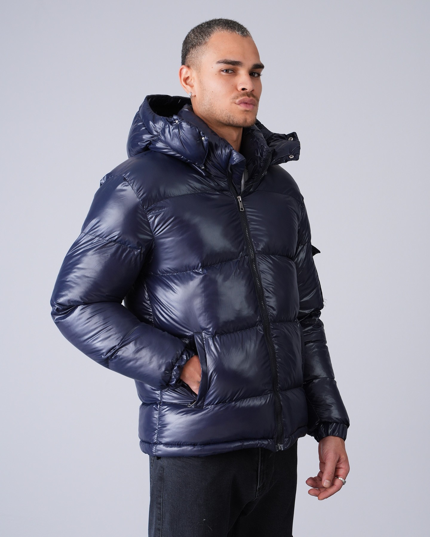 Shiny Hooded Puffer Jacket - Lacivert