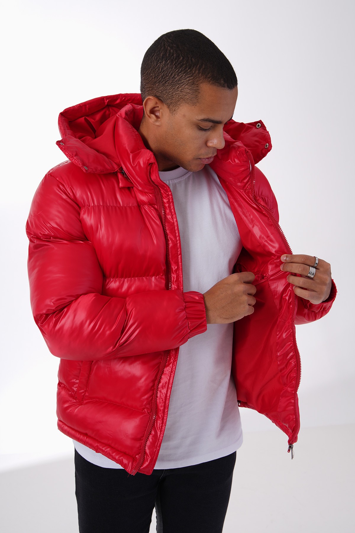 Shiny Hooded Puffer Jacket - red