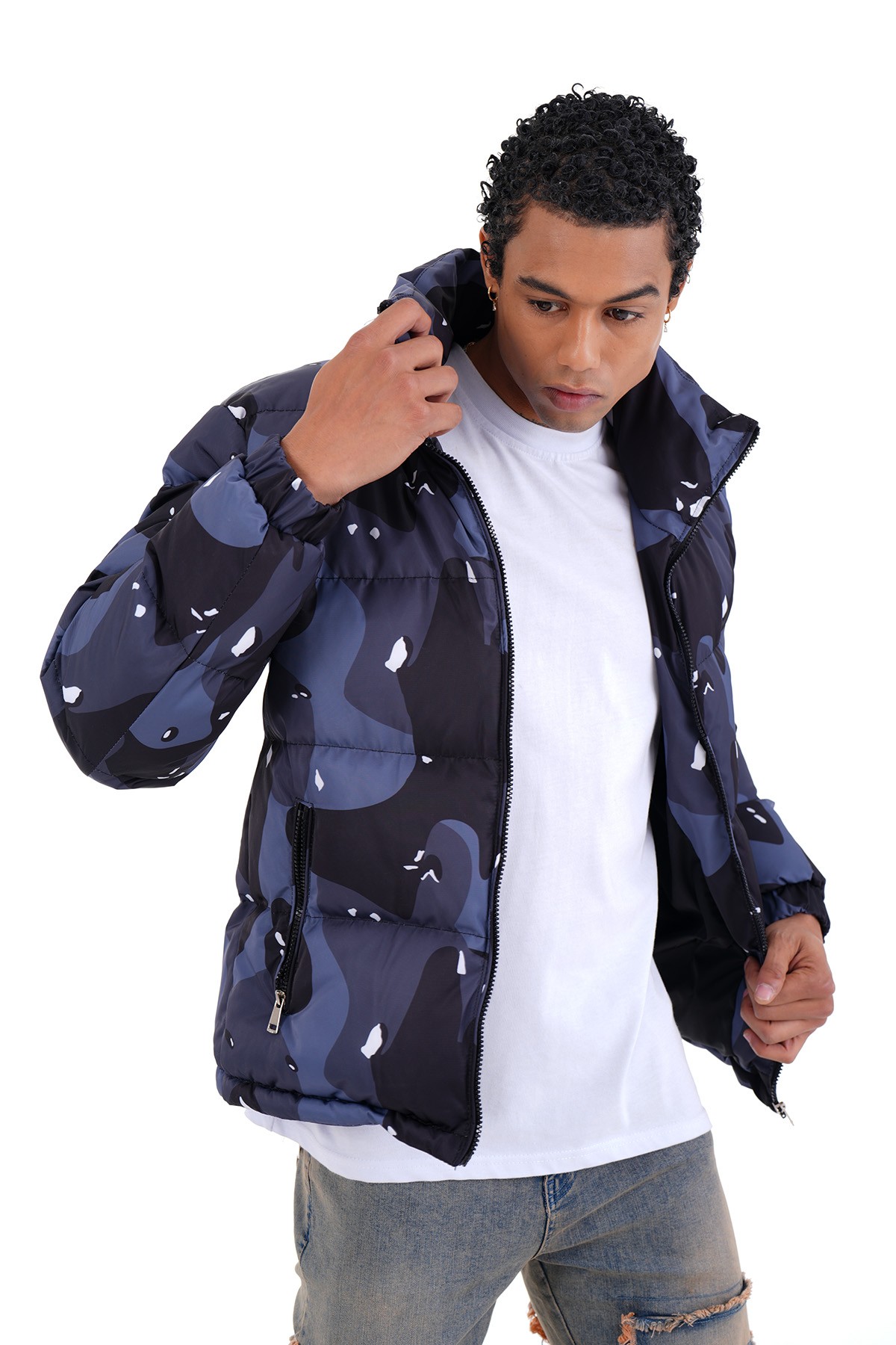 Mixed Pattern Puffer Jacket - Lacivert