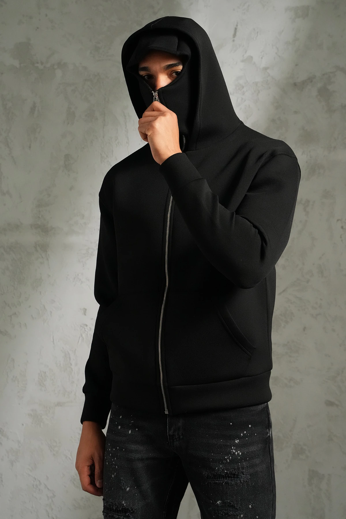 Çift Kapüşonlu Maskeli Fermuarlı Sweatshirt