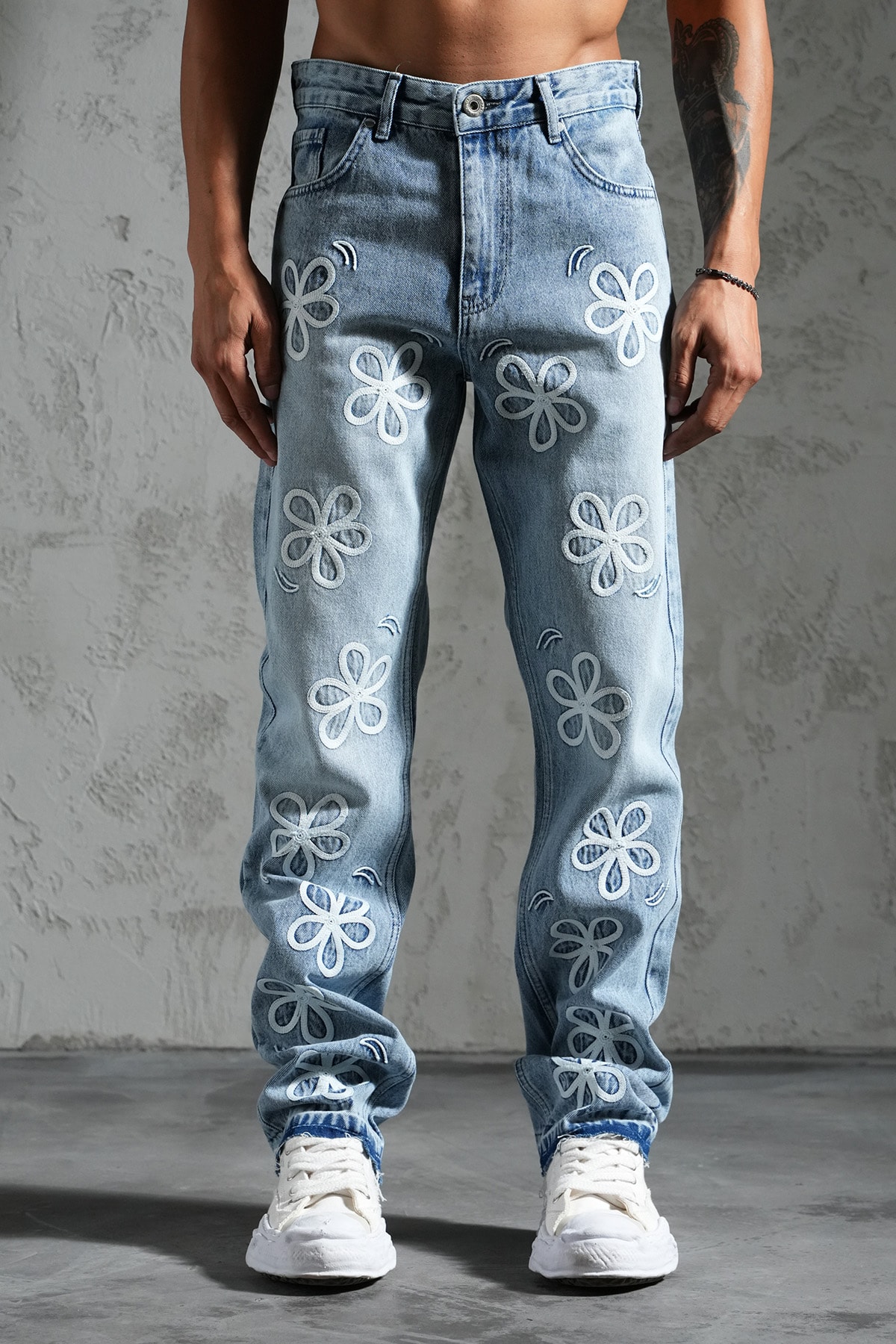 Çiçek Desen Flare Kot Pantolon - blue