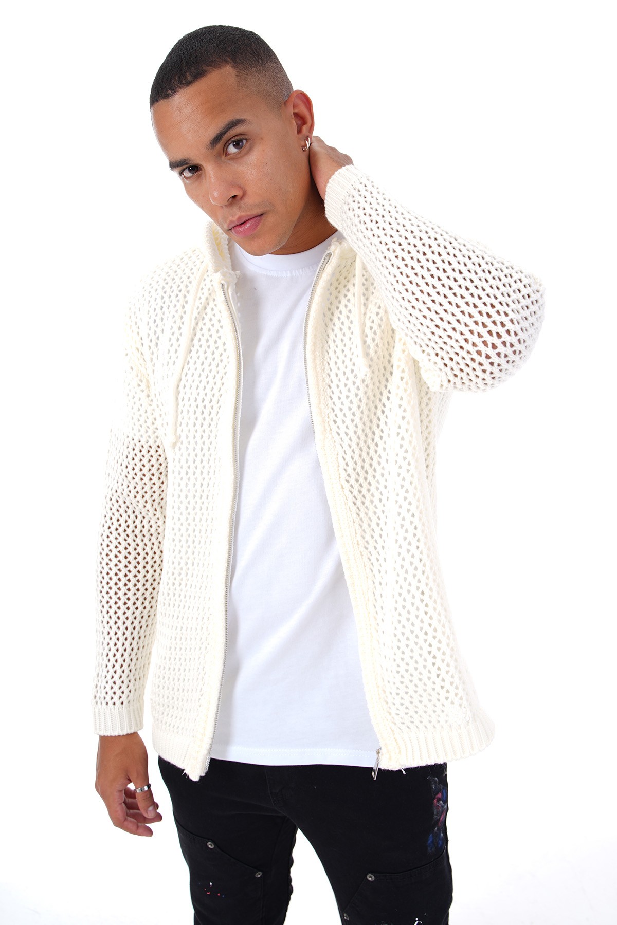 Hooded Hole Knitted Knitwear Sweater - Krem