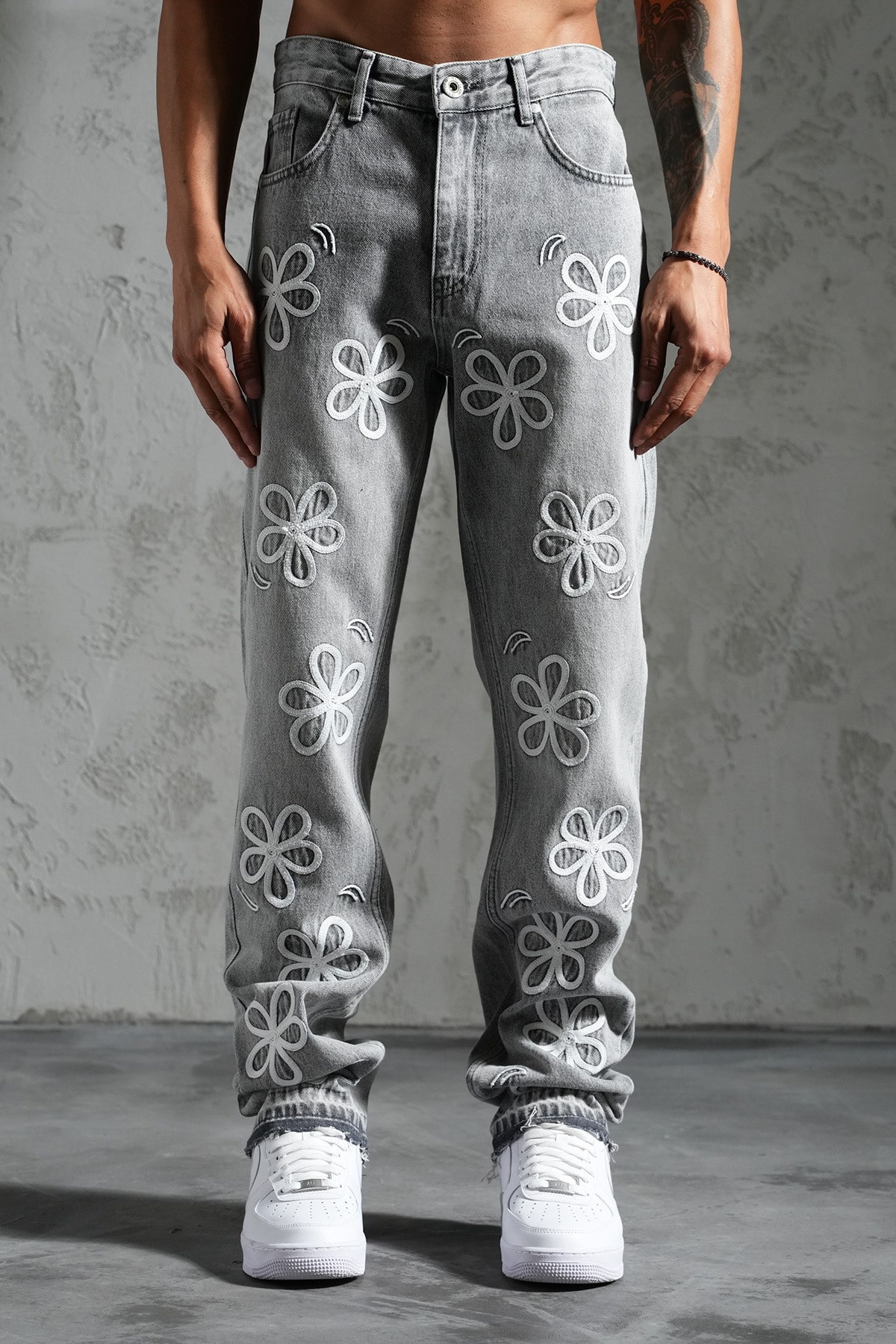 Çiçek Desen Flare Kot Pantolon - gray