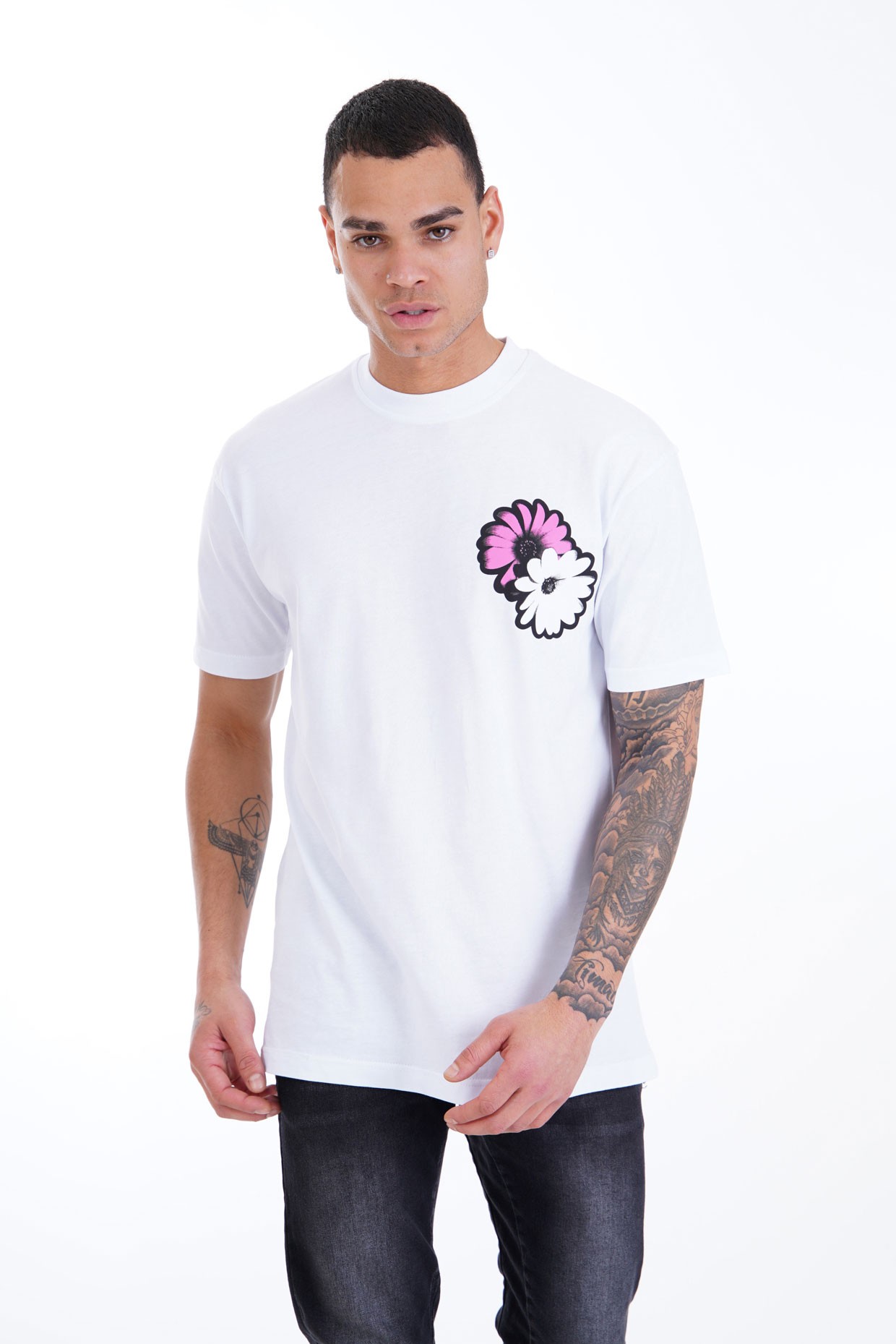 Pembe Beyaz Papatya Desenli T-Shirt