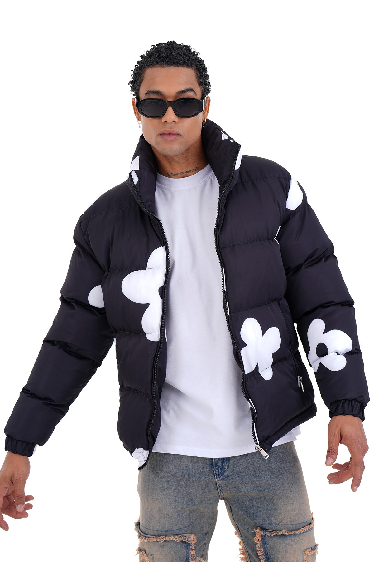 Mixed Pattern Puffer Jacket - black