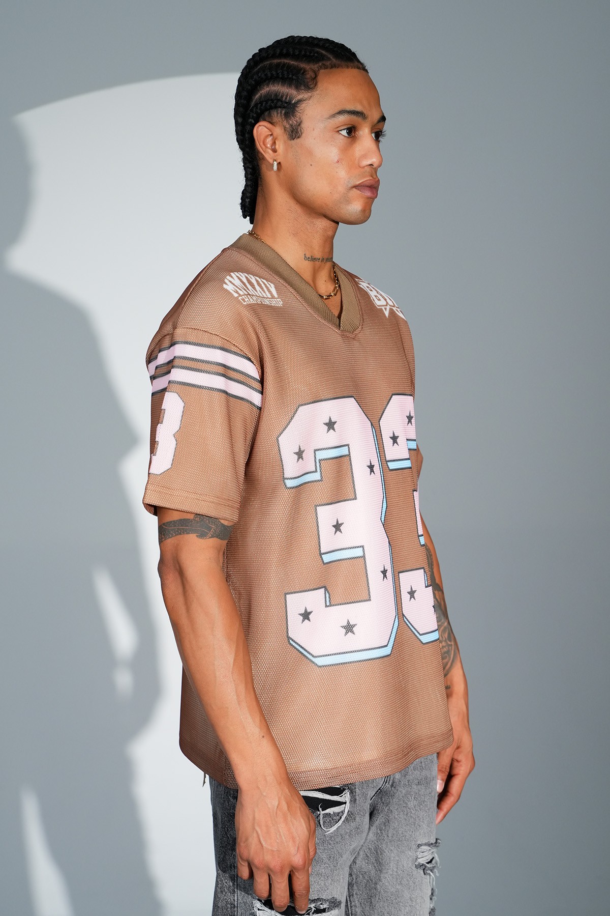 Printed V Neck Oversize T-Shirt - Brown