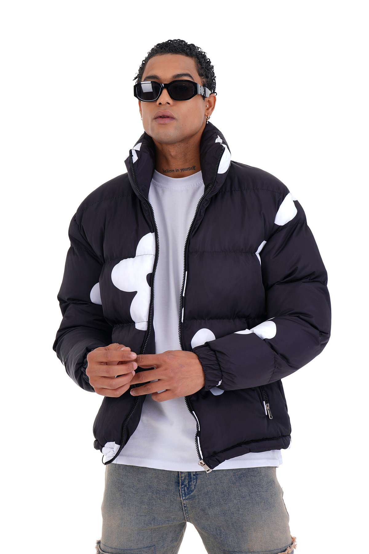 Mixed Pattern Puffer Jacket - black