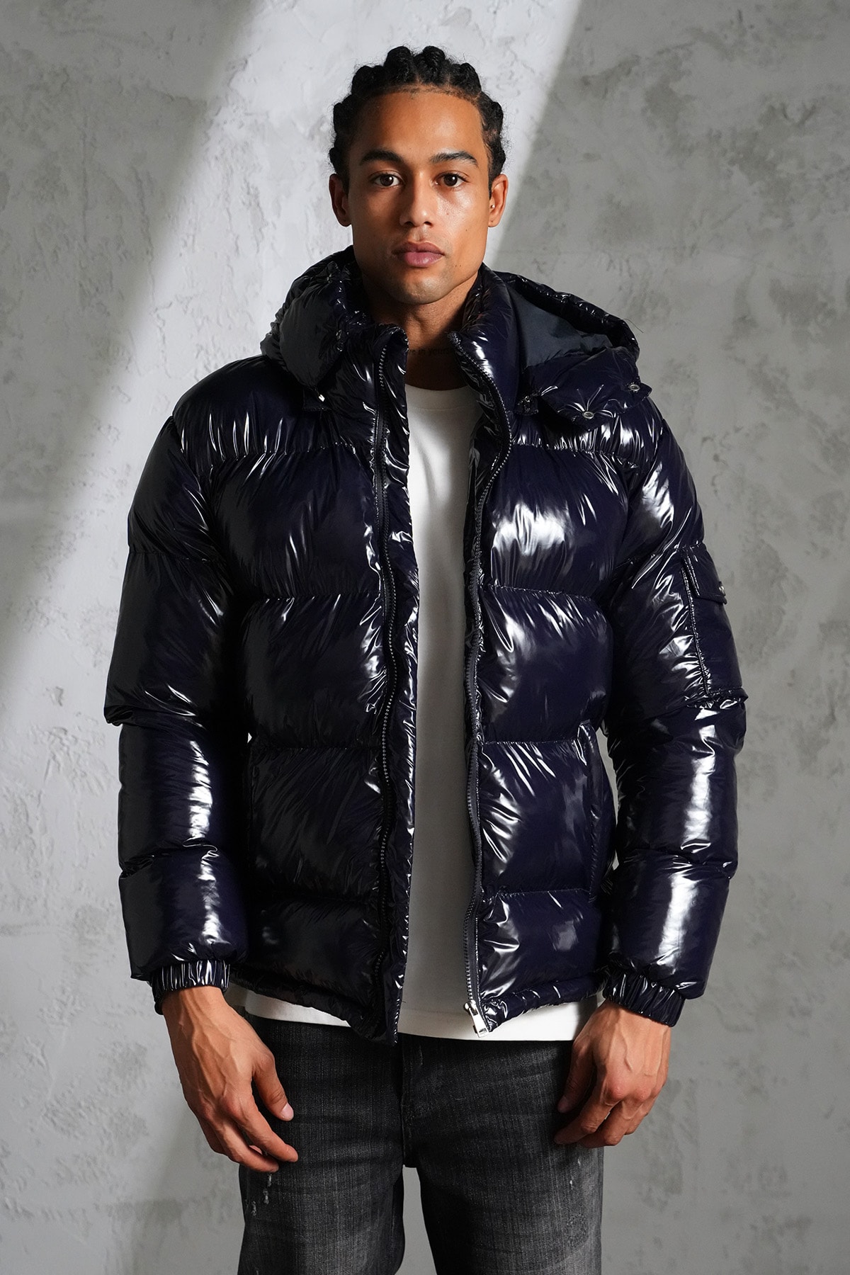 Kapüşonlu Parlak Şişme Mont - Lacivert