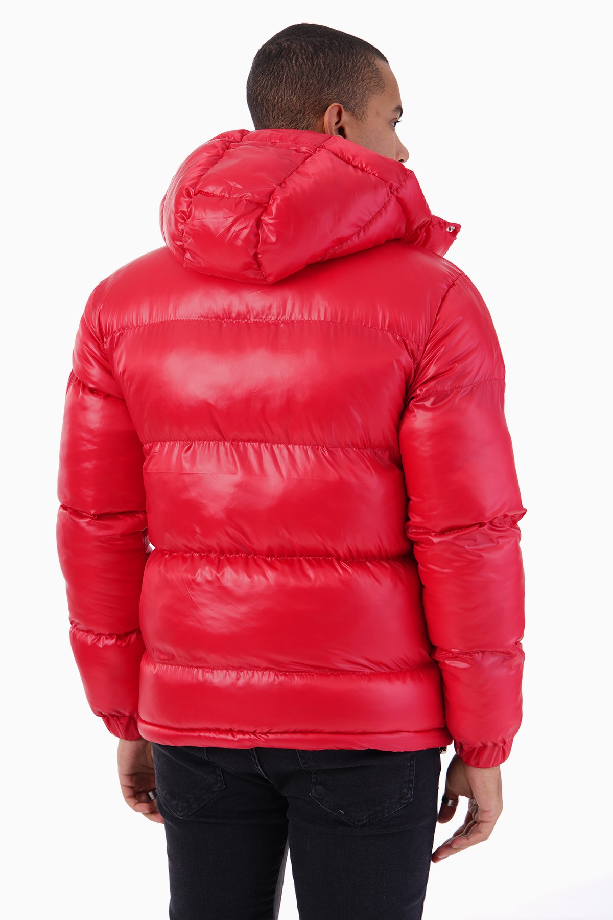 Shiny Hooded Puffer Jacket - red