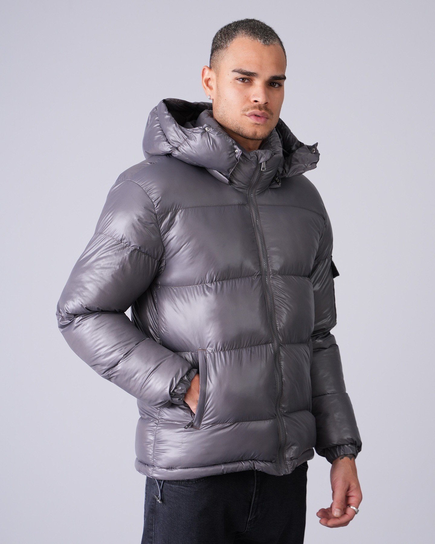 Shiny Hooded Puffer Jacket - anthracite