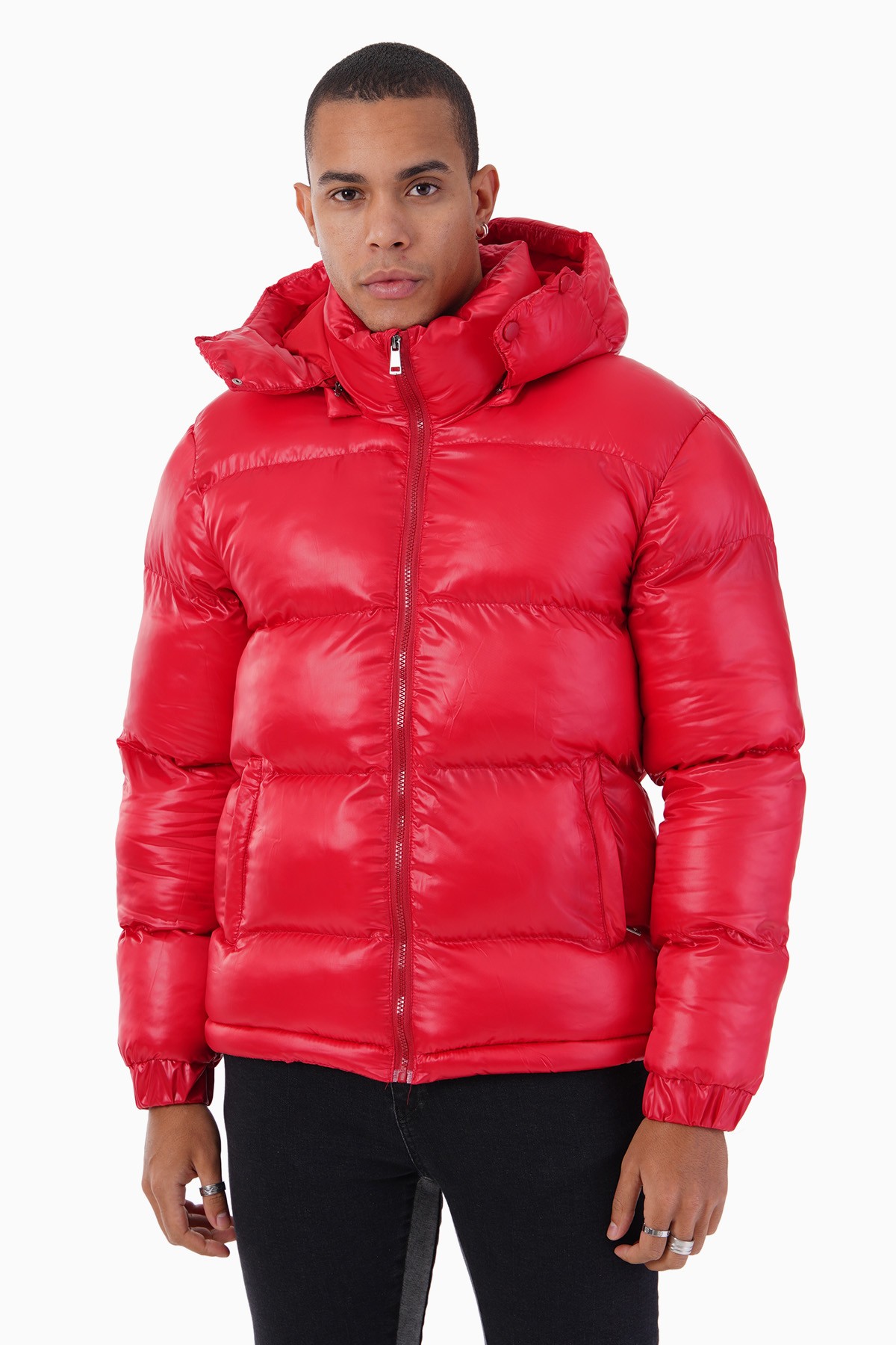 Shiny Hooded Puffer Jacket - red