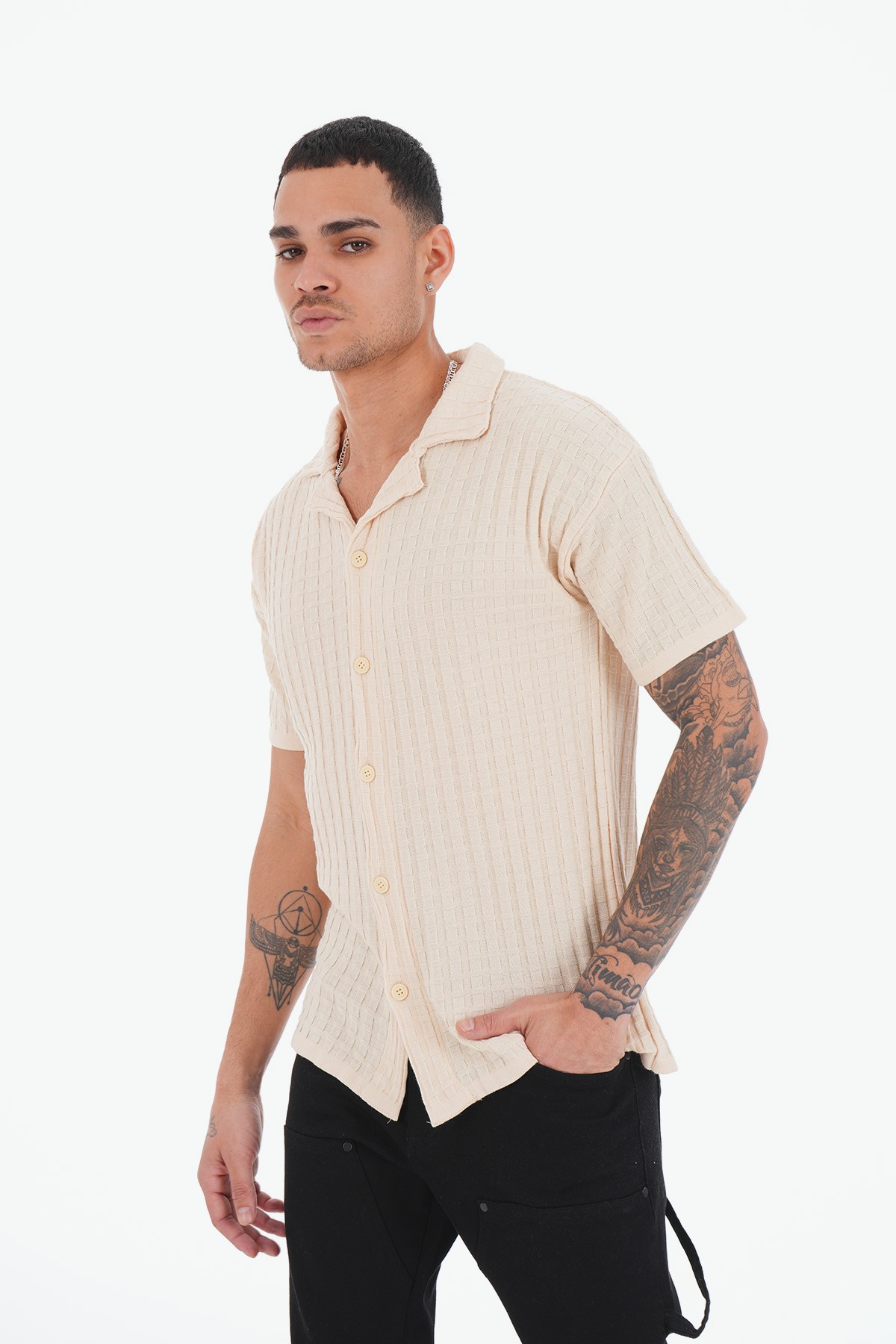 Mini Square Pattern Acrylic Shirt - Beige