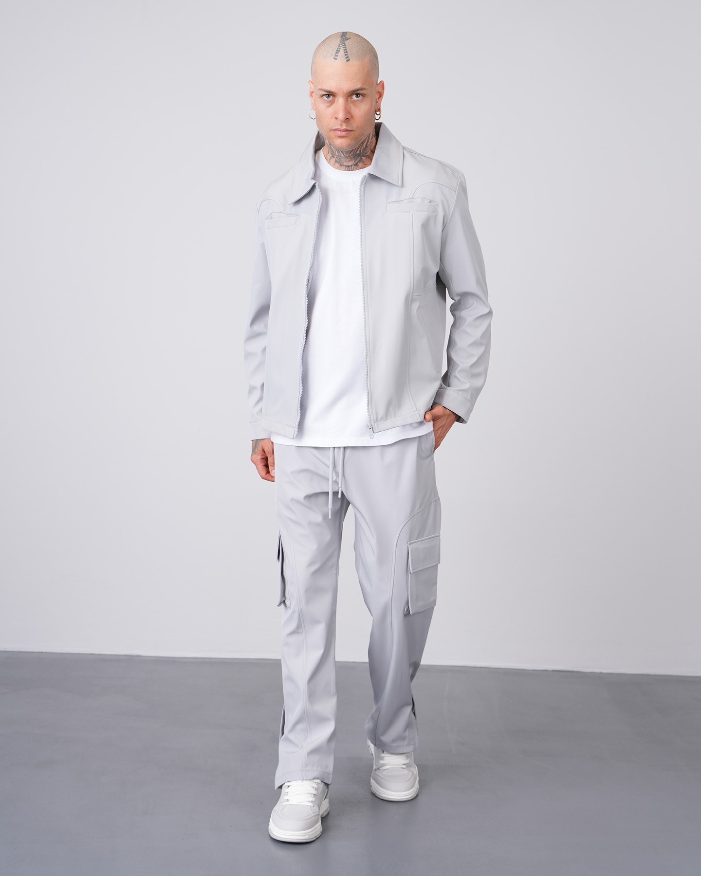 Regular Fit Zippered Jacket Trousers Set - gray