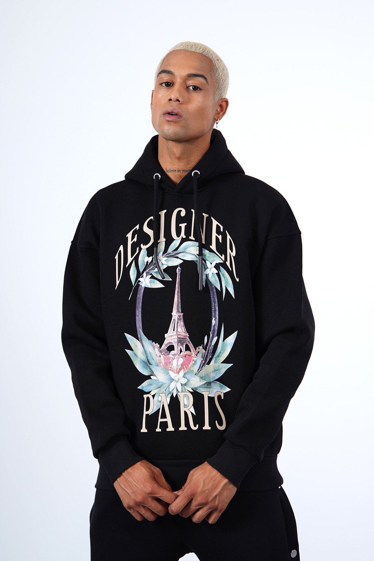 Designer Paris Baskılı Kapüşonlu Sweatshirt