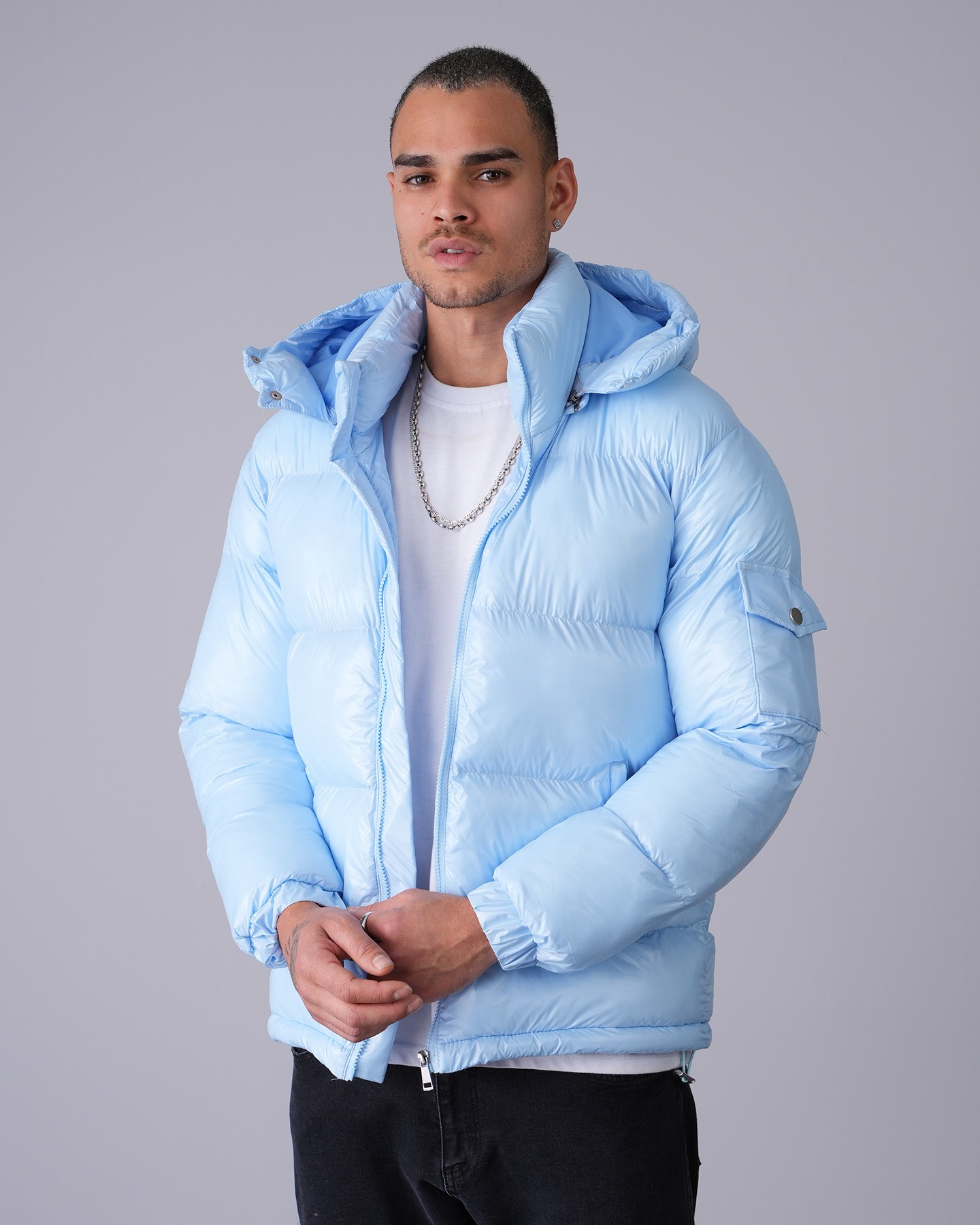 Shiny Hooded Puffer Jacket - blue