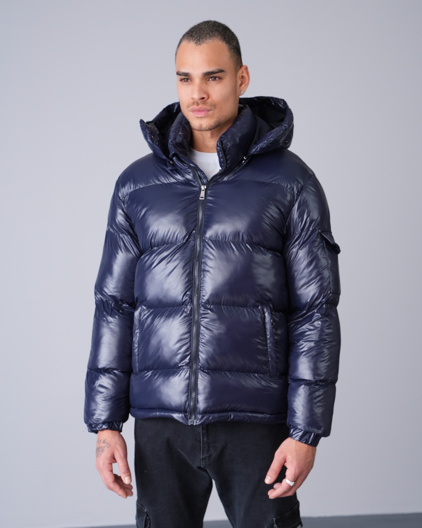 Shiny Hooded Puffer Jacket - Lacivert