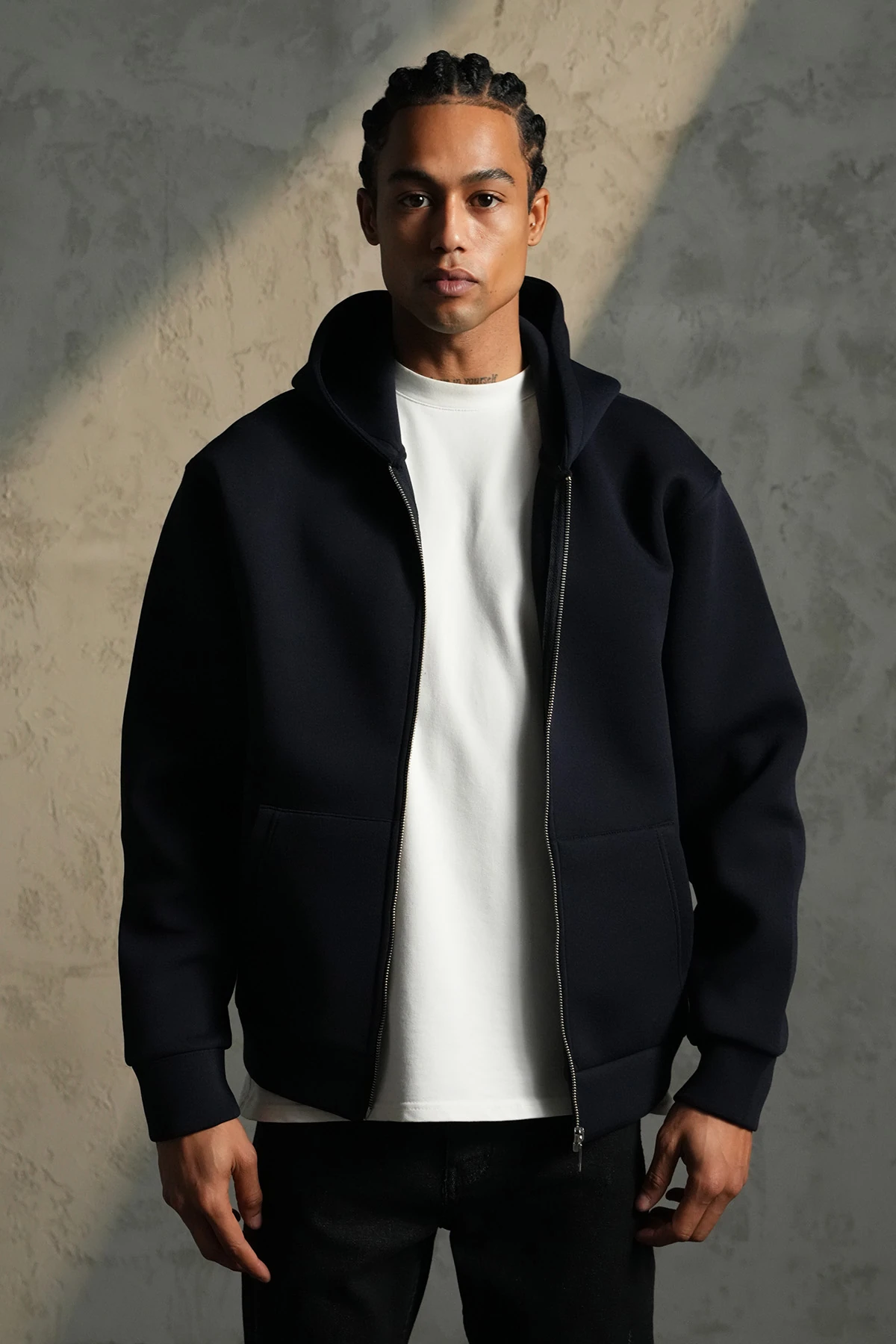 Kapüşonlu Maskeli Fermuarlı Sweatshirt - Lacivert