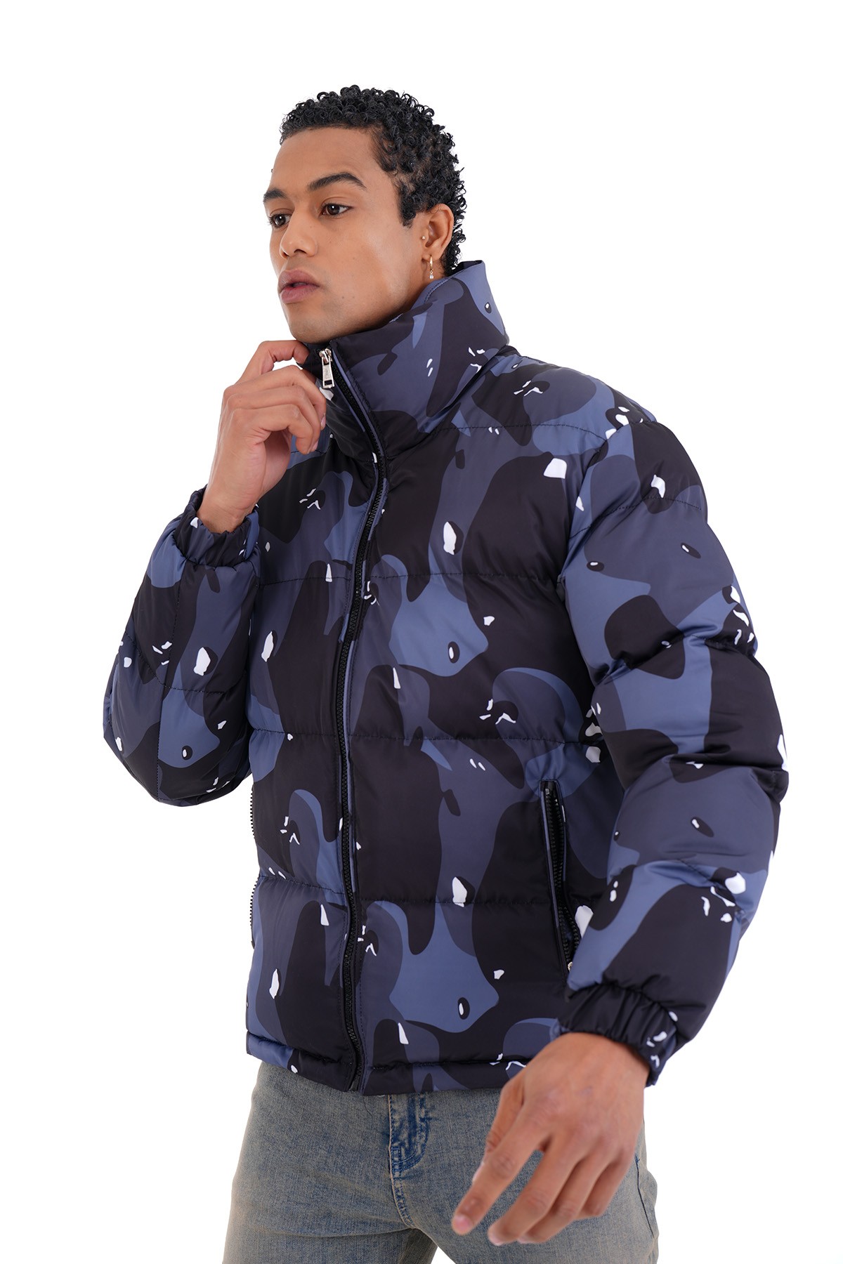 Mixed Pattern Puffer Jacket - Lacivert