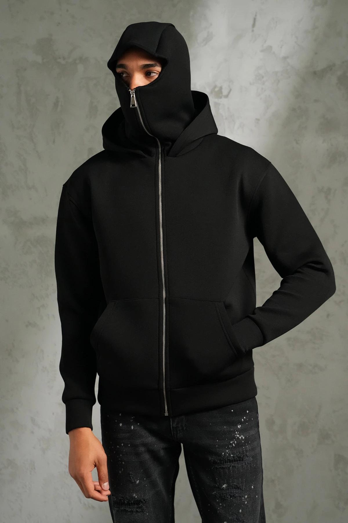 Çift Kapüşonlu Maskeli Fermuarlı Sweatshirt - black