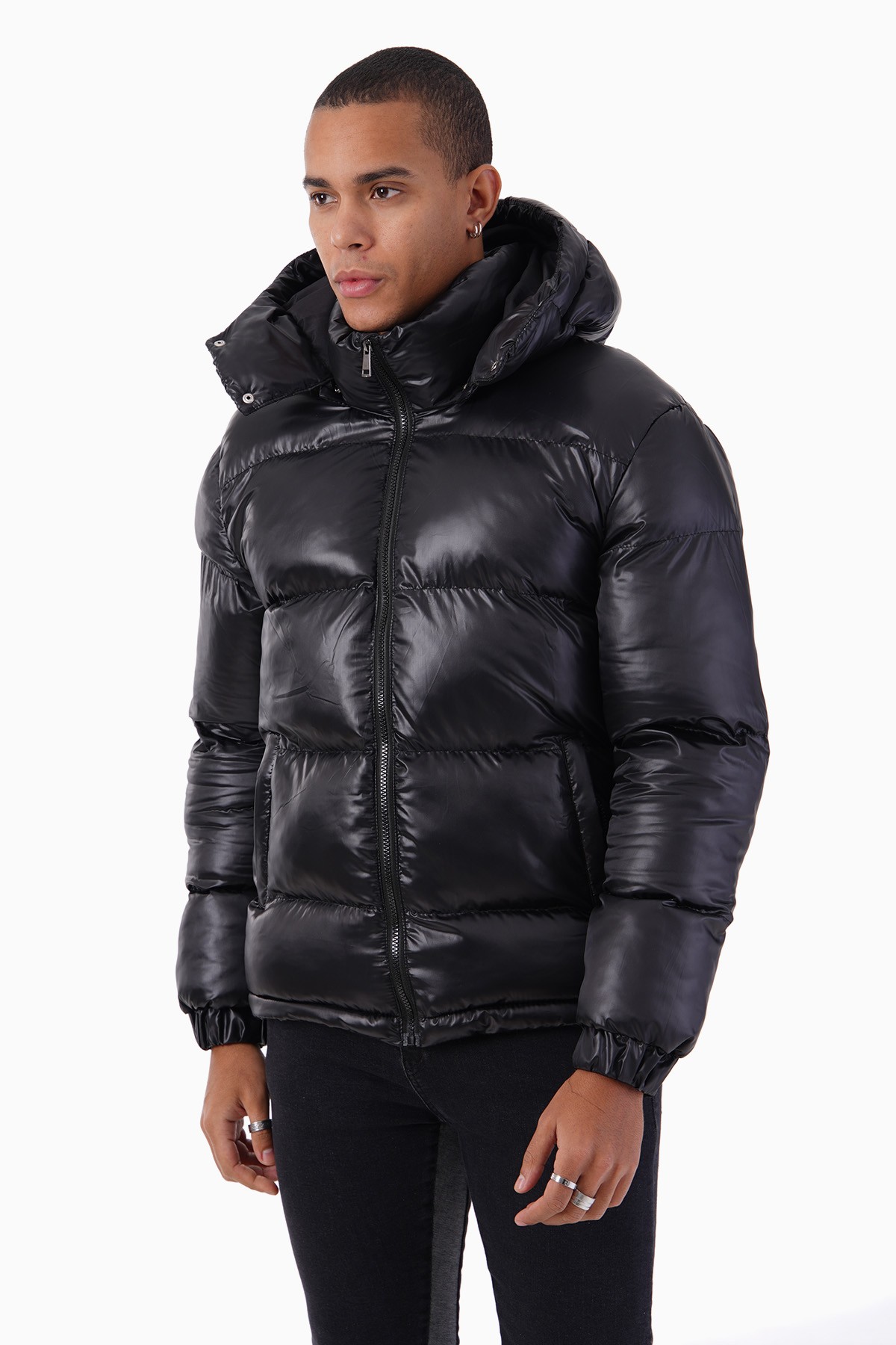 Shiny Hooded Puffer Jacket - black