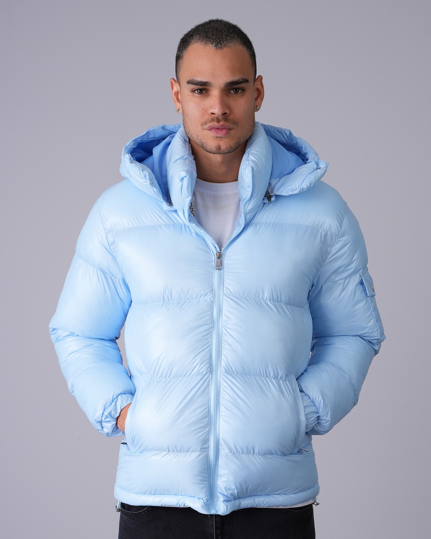 Shiny Hooded Puffer Jacket - blue