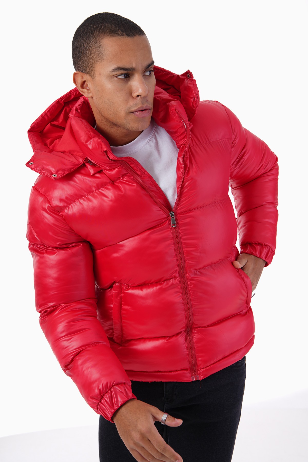 Shiny Hooded Puffer Jacket - red