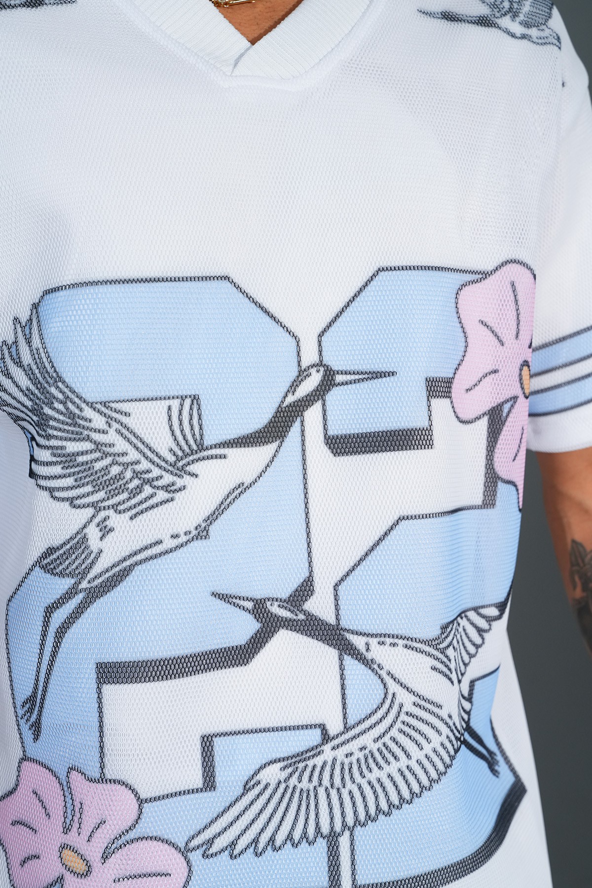 Printed V Neck Oversize T-Shirt - White