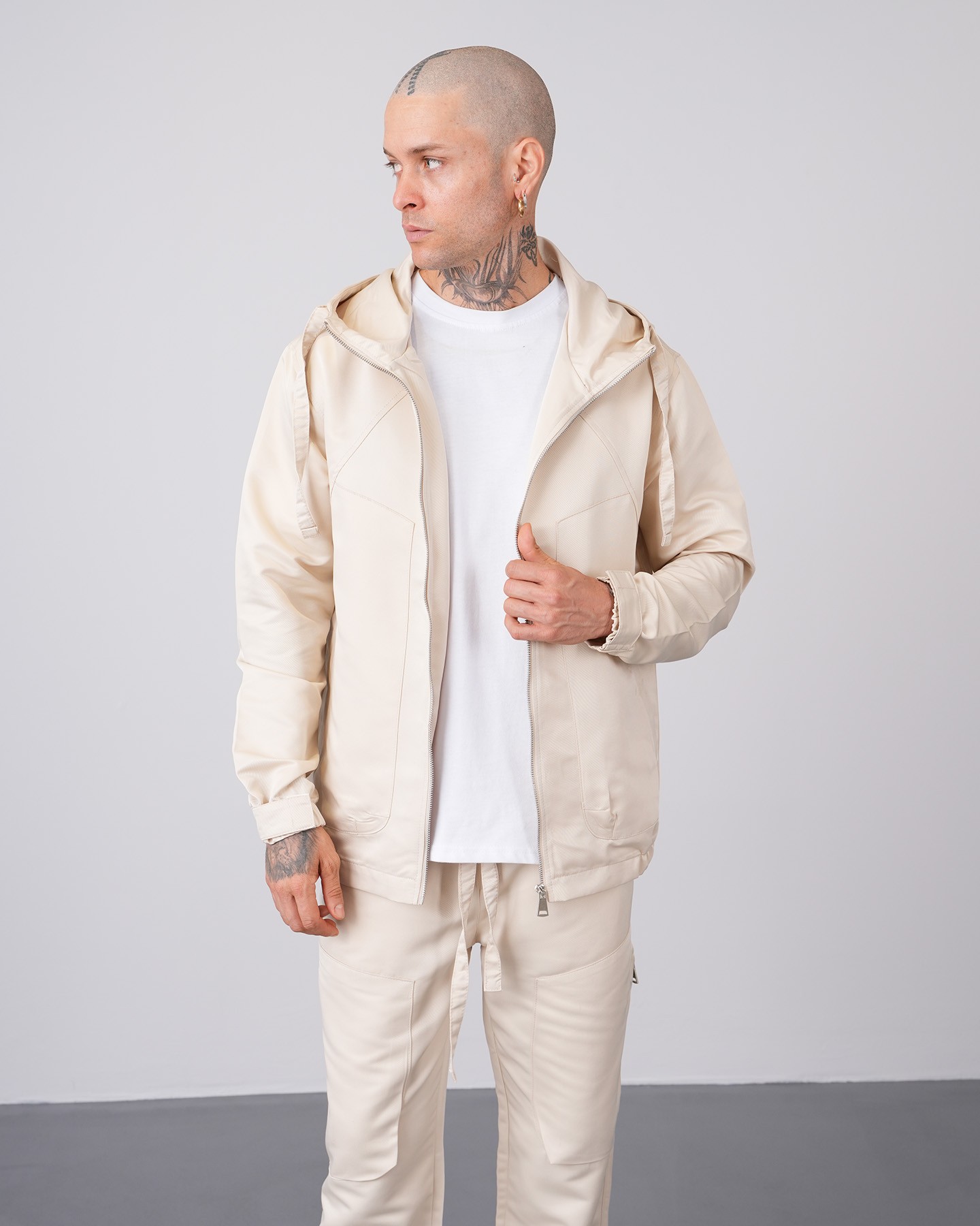 Regular Fit Hooded Jacket Trousers Set - Beige