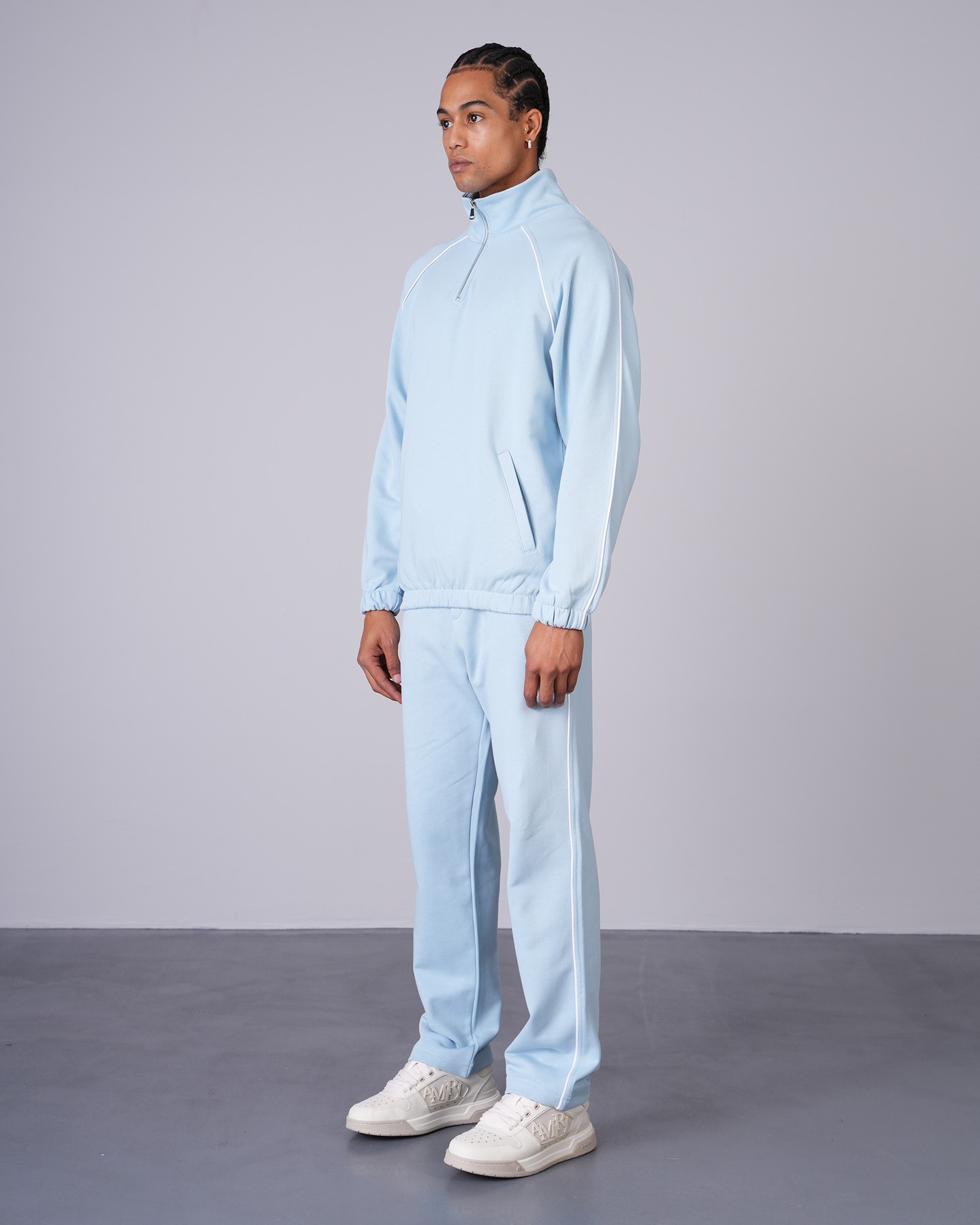 Regular Fit Collar Zippered Sweatshirt Trousers Set - blue