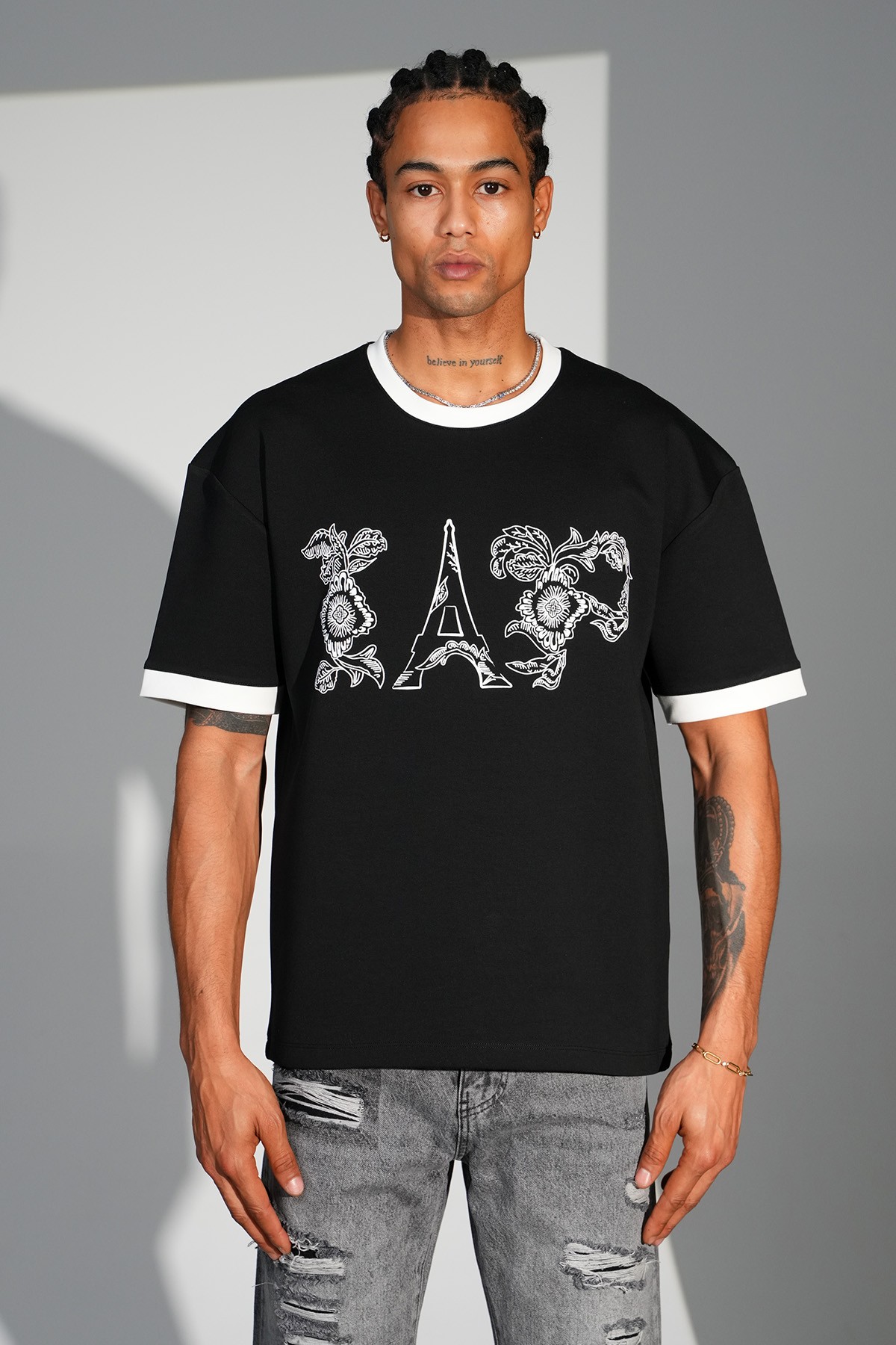 Eyfel Desen Oversize Tişört - black