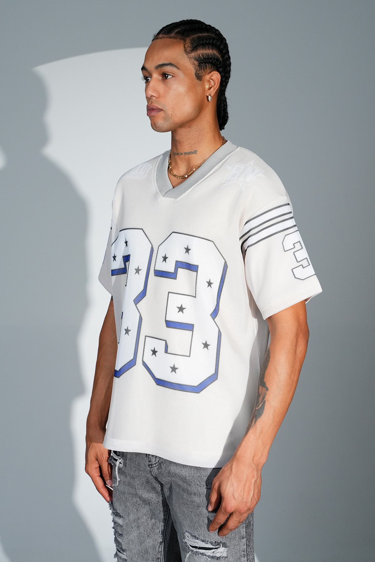 Printed V Neck Oversize T-Shirt - Beige
