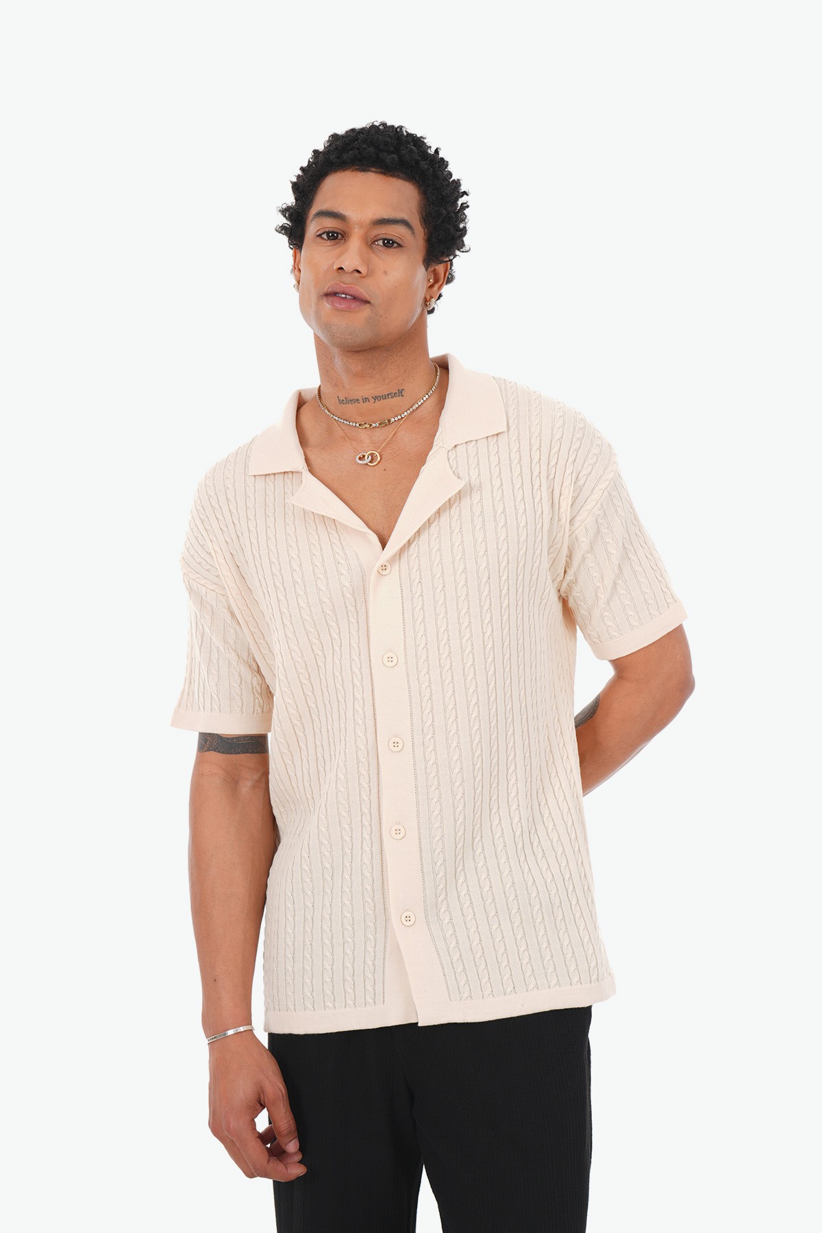 Thick Wick Pattern Acrylic Shirt - Krem