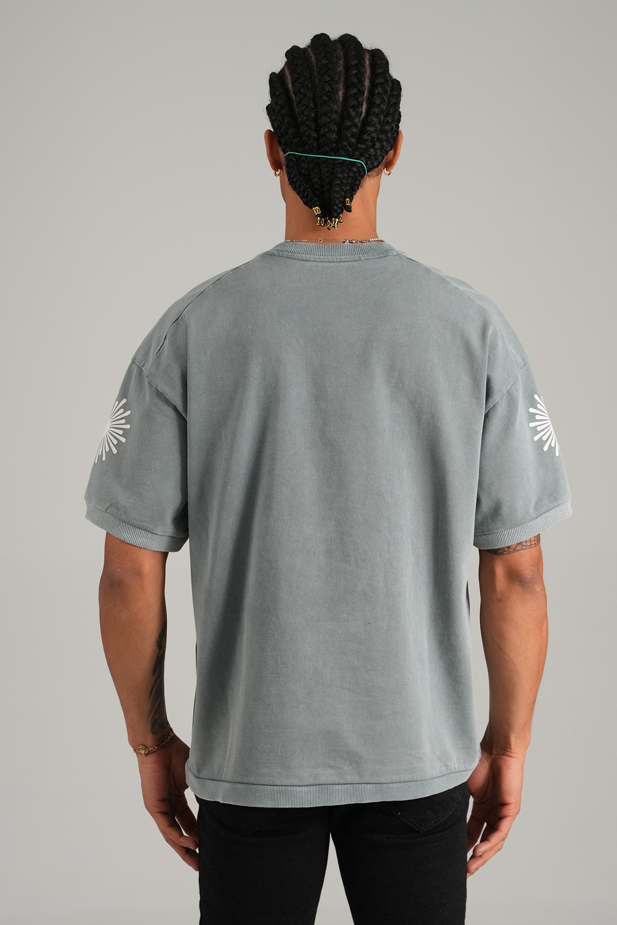 99 Baskılı V Yaka Oversize Tişört - gray