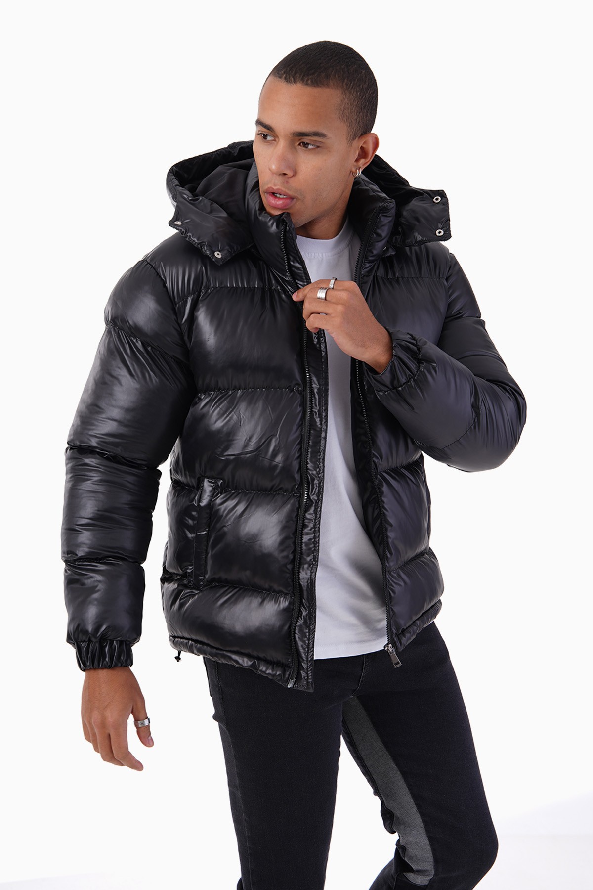 Shiny Hooded Puffer Jacket - black