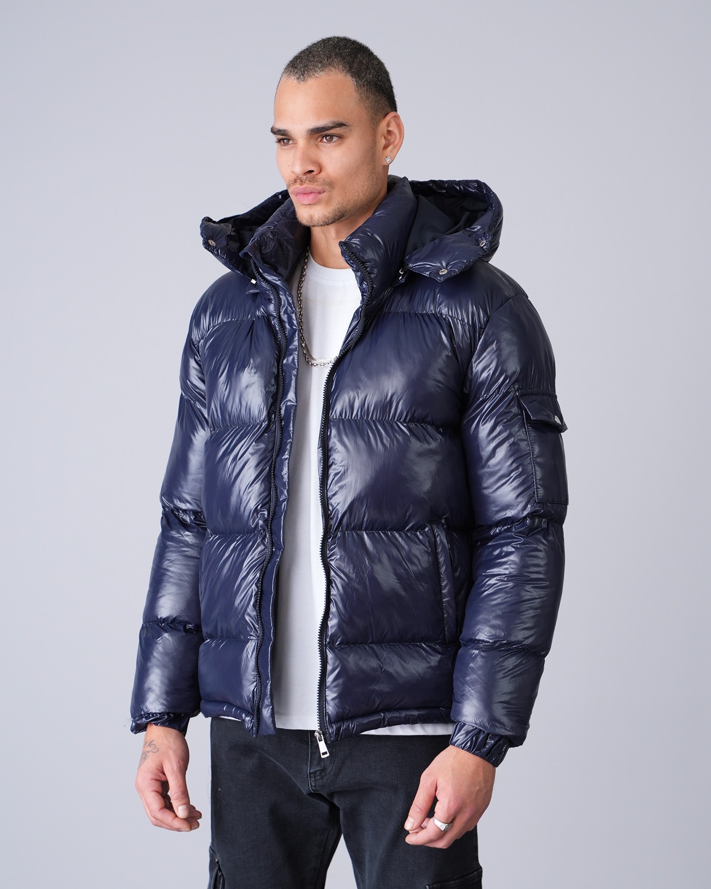 Shiny Hooded Puffer Jacket - Lacivert