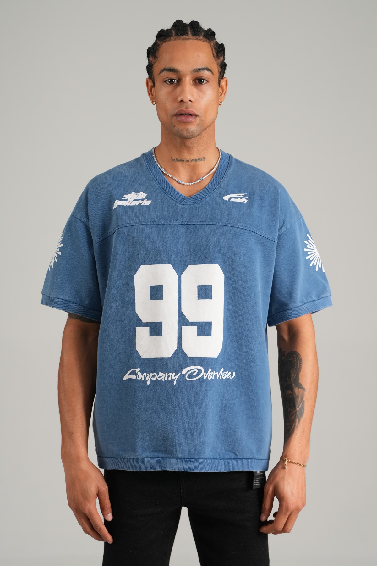 99 Baskılı V Yaka Oversize Tişört - Lacivert
