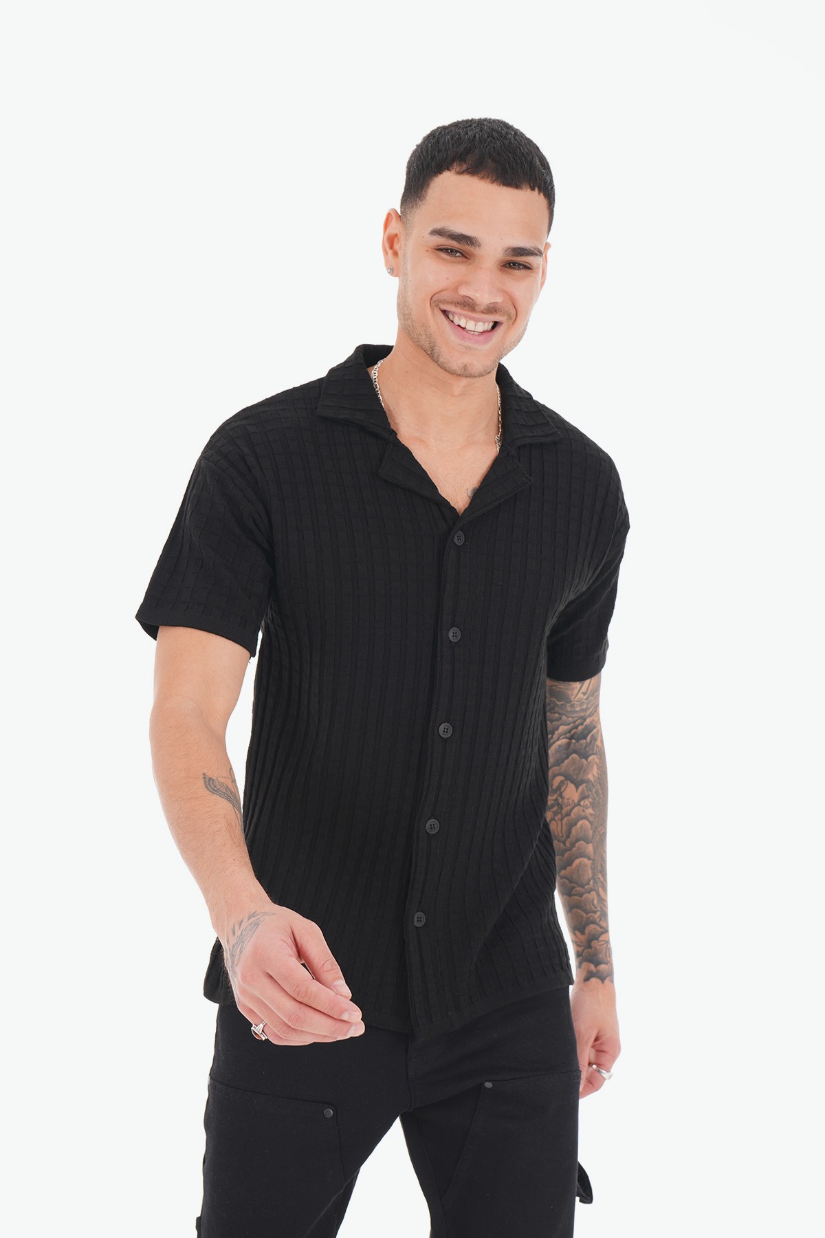 Mini Square Pattern Acrylic Shirt - black