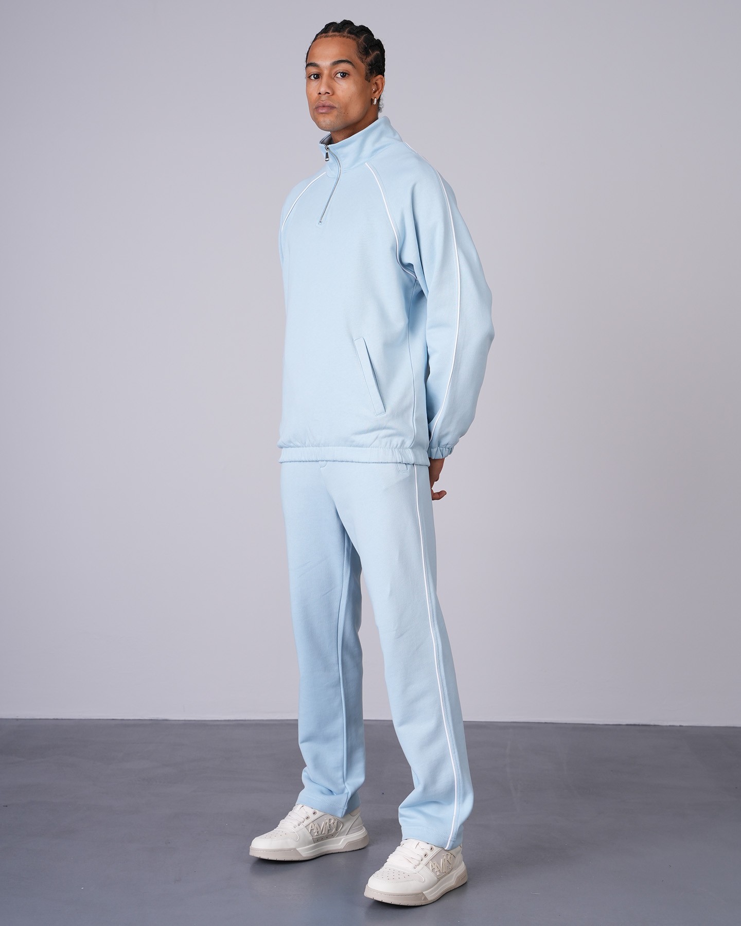 Regular Fit Collar Zippered Sweatshirt Trousers Set - blue