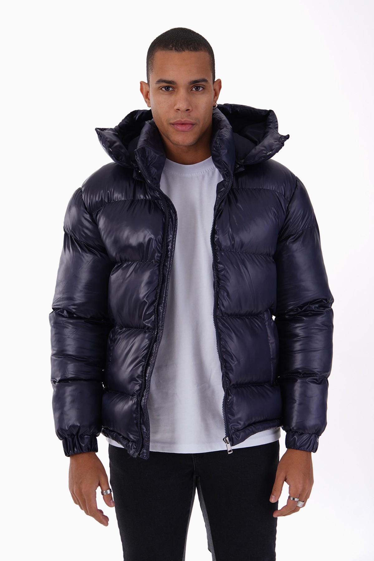 Shiny Hooded Puffer Jacket - Lacivert