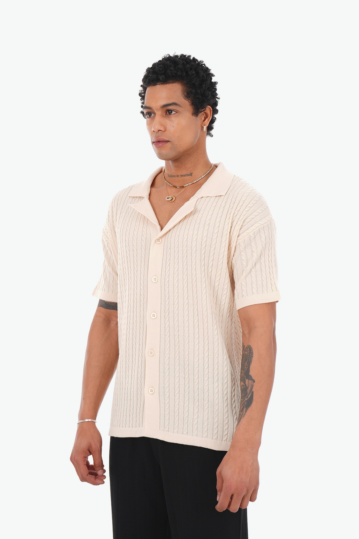 Thick Wick Pattern Acrylic Shirt - Krem