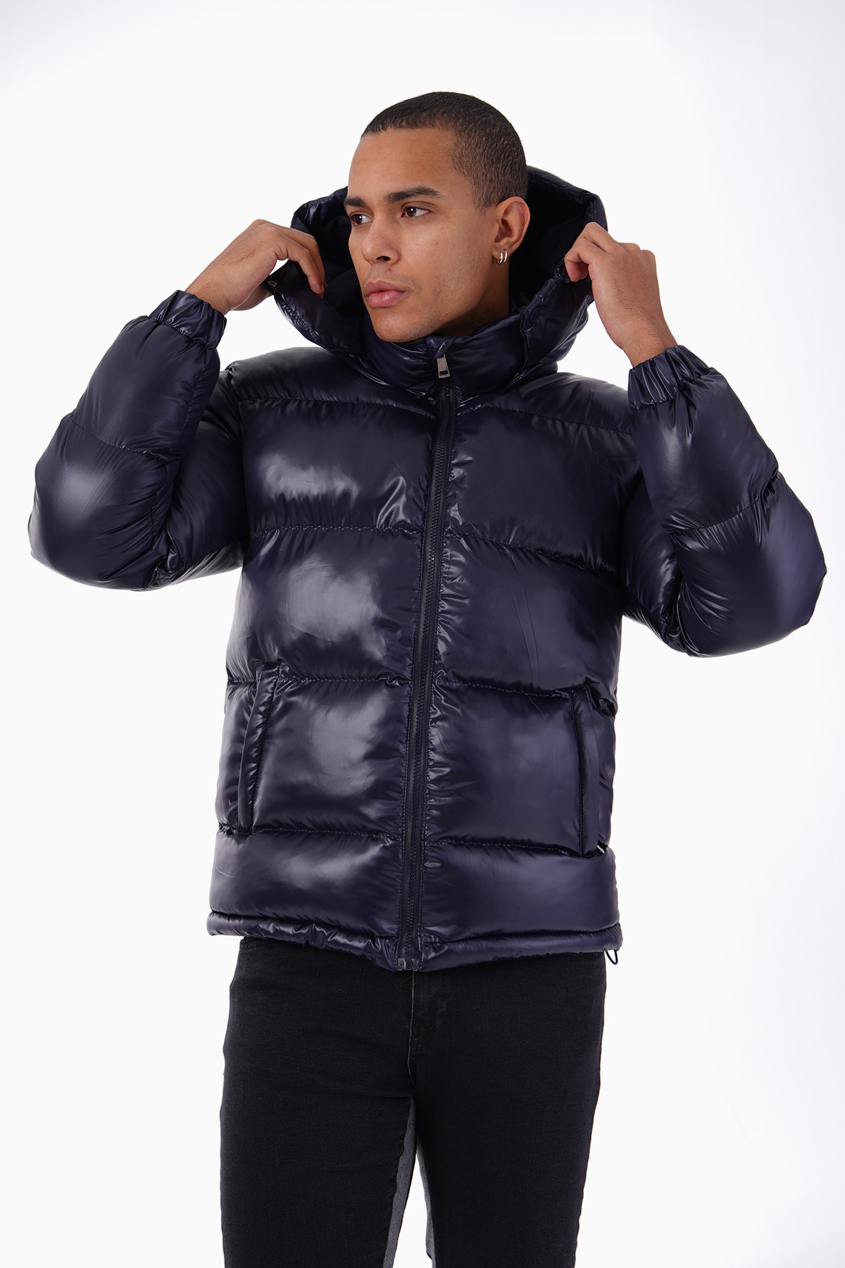 Shiny Hooded Puffer Jacket - Lacivert