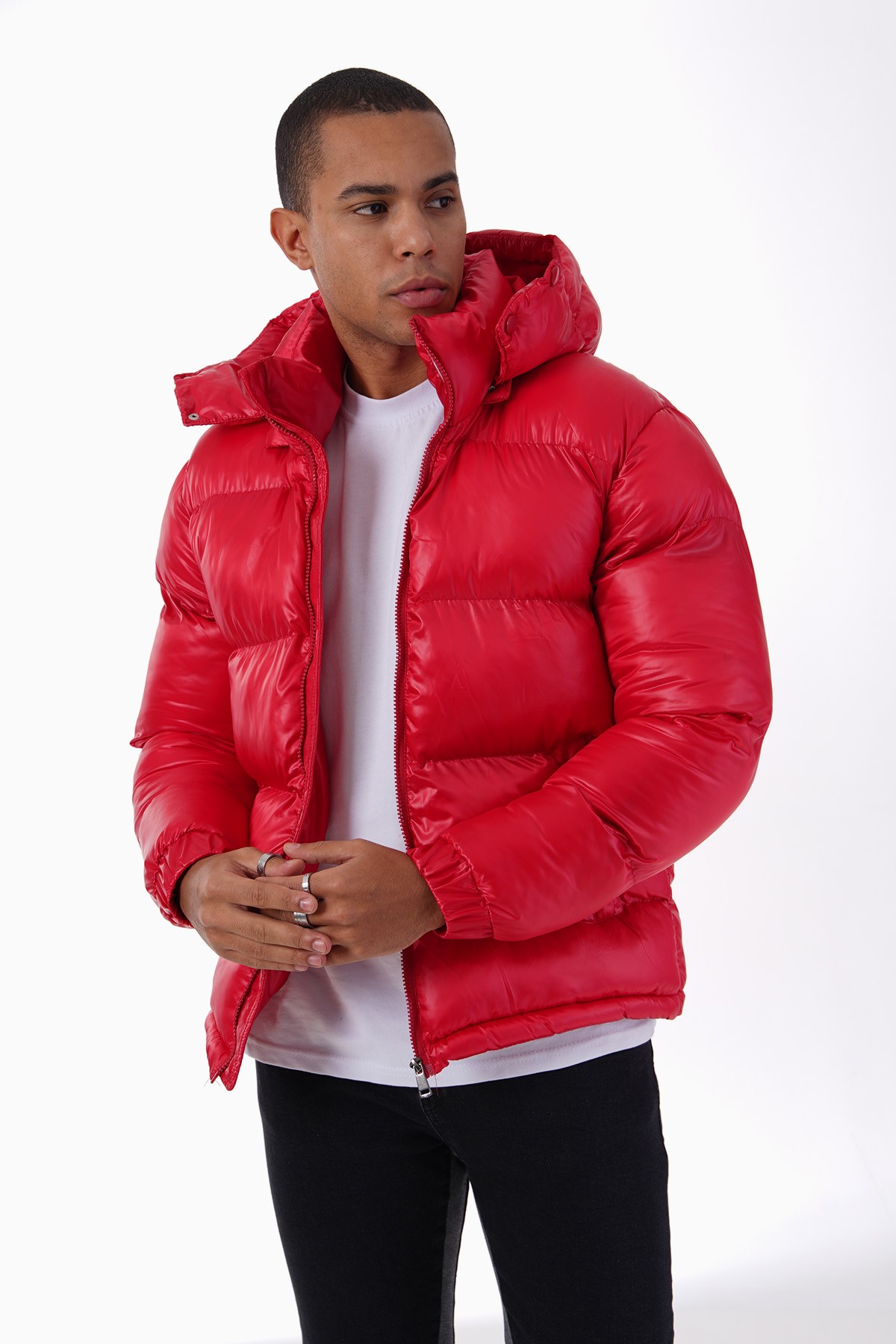 Shiny Hooded Puffer Jacket - red