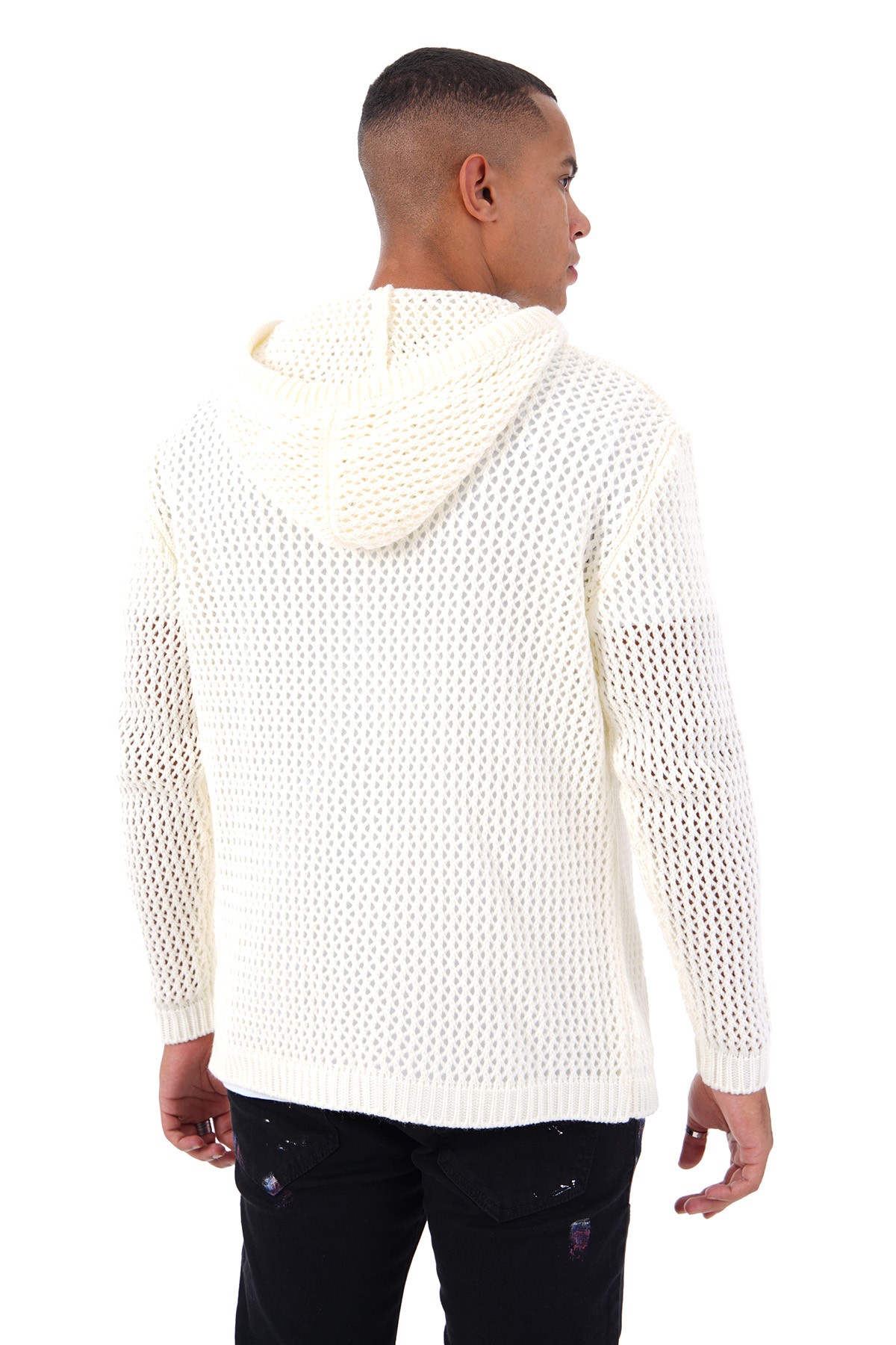 Hooded Hole Knitted Knitwear Sweater - Krem