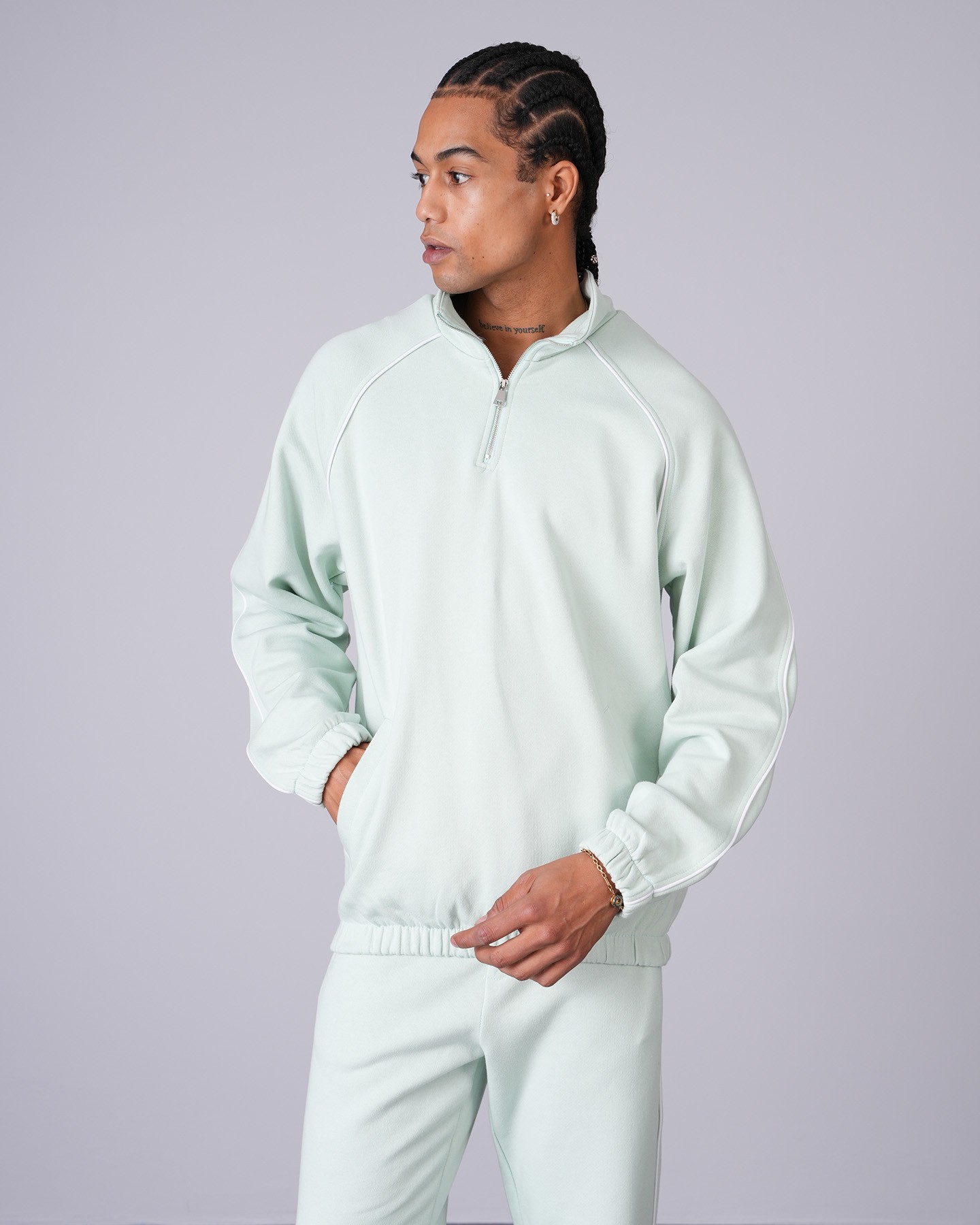 Regular Fit Collar Zippered Sweatshirt Trousers Set - green