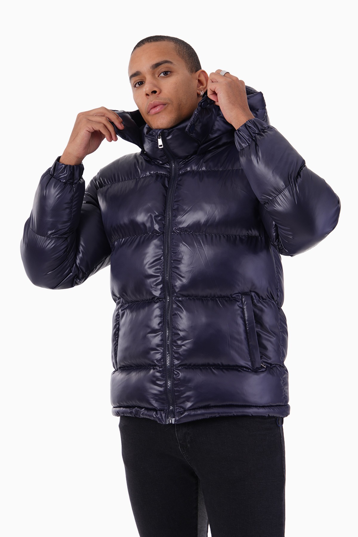 Shiny Hooded Puffer Jacket - Lacivert