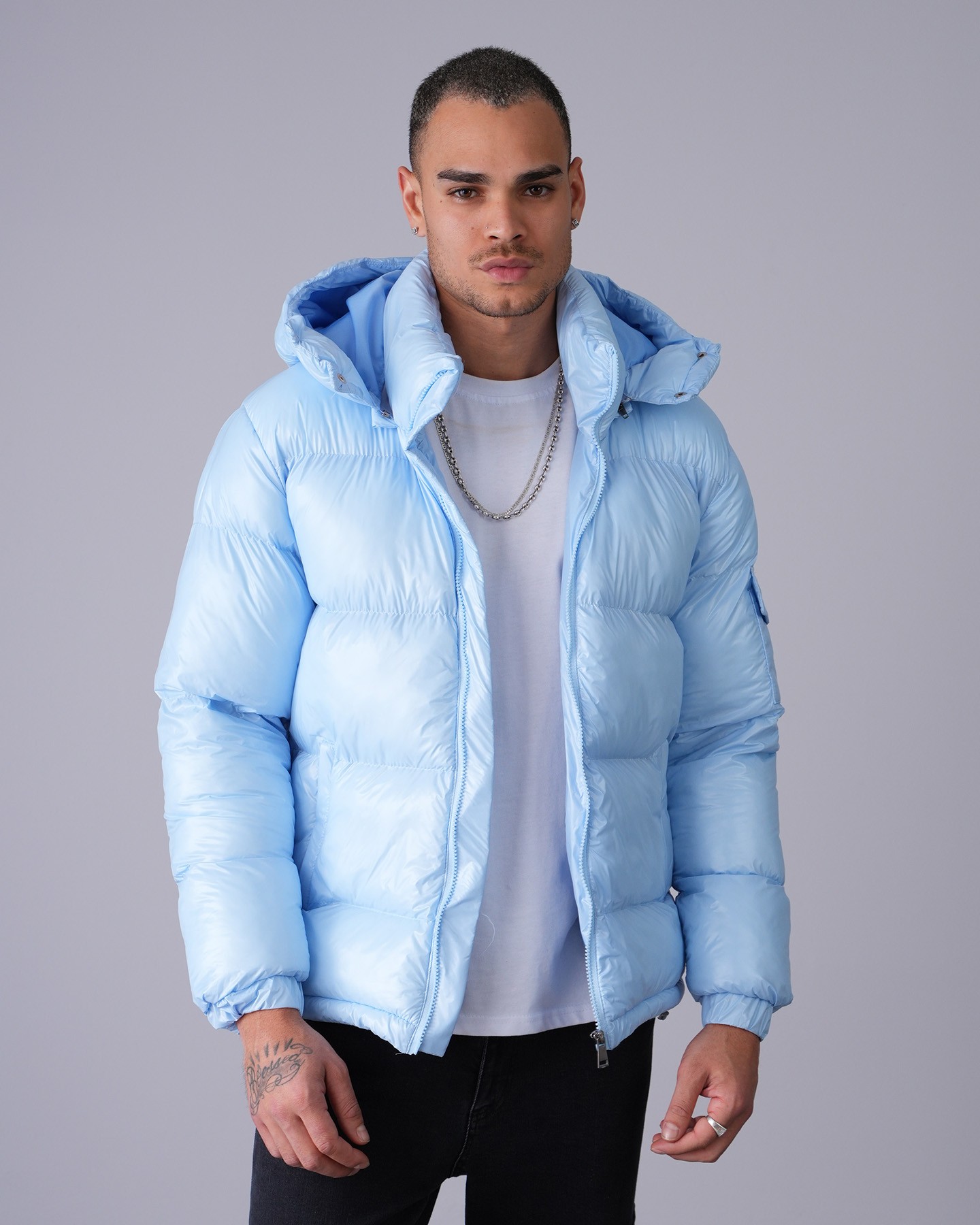 Shiny Hooded Puffer Jacket - blue