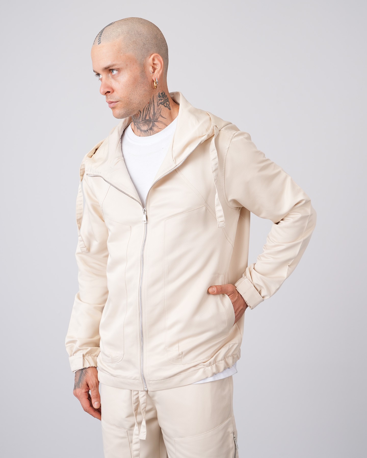 Regular Fit Hooded Jacket Trousers Set - Beige