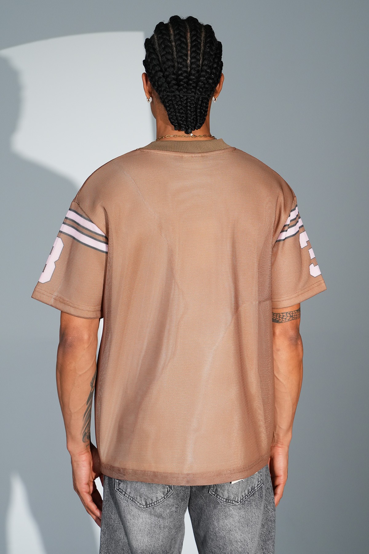 Printed V Neck Oversize T-Shirt - Brown