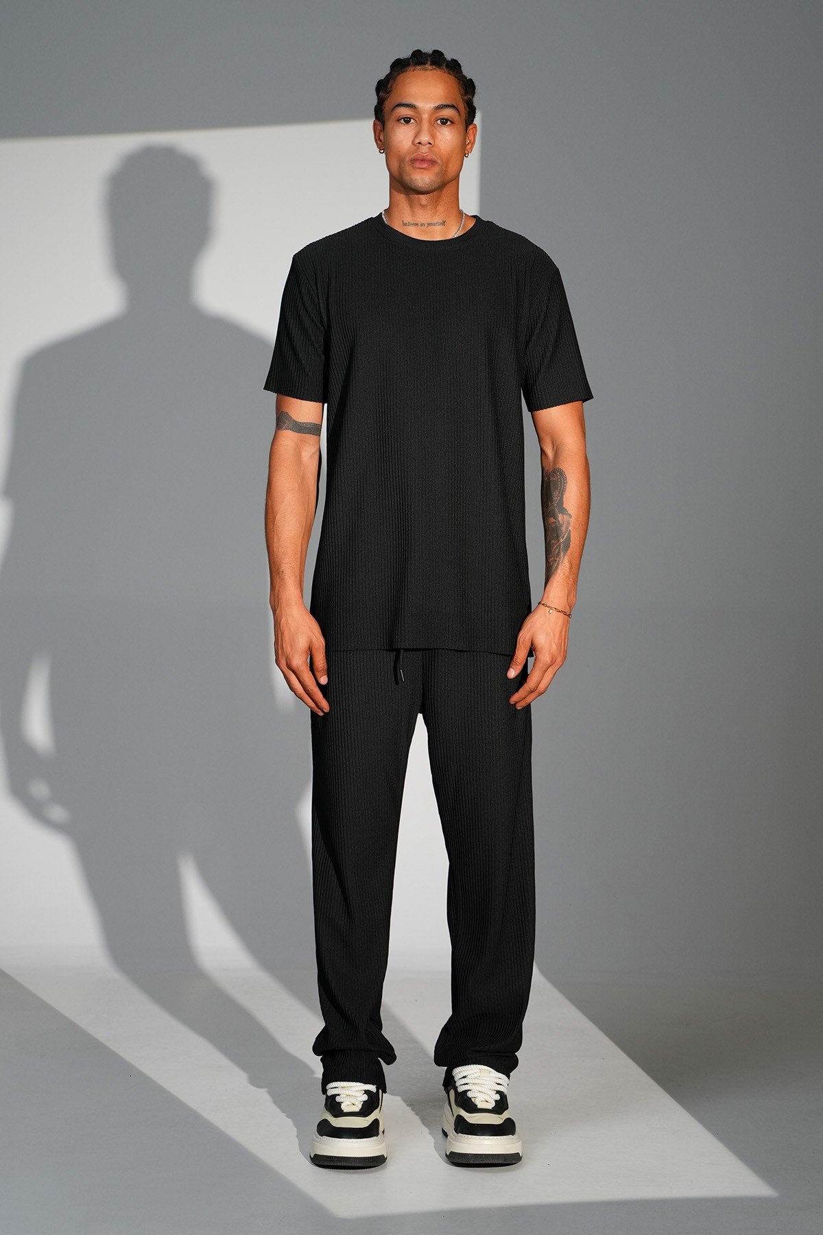 Fitilli Basic Tişört Pantolon Takım - black